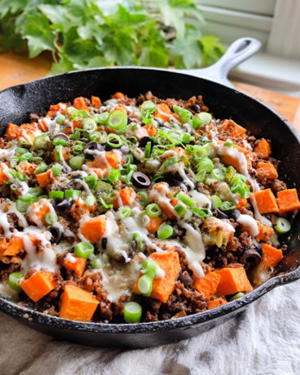 The image shows a black cast iron skillet filled with a colorful dish. The bottom layer is made of brown cooked ground meat, giving a crumbly texture. On top, there are bright orange cubes of cooked sweet potatoes scattered evenly. A creamy white sauce is drizzled over the dish in thick lines. There are also some sliced black olives and green chopped scallions sprinkled on top, adding pops of dark and fresh green color. The skillet sits on a soft white cloth on a white marbled textured surface, with some green leaves peeking from the background. photo taken with an iphone --ar 4:5 --v 7