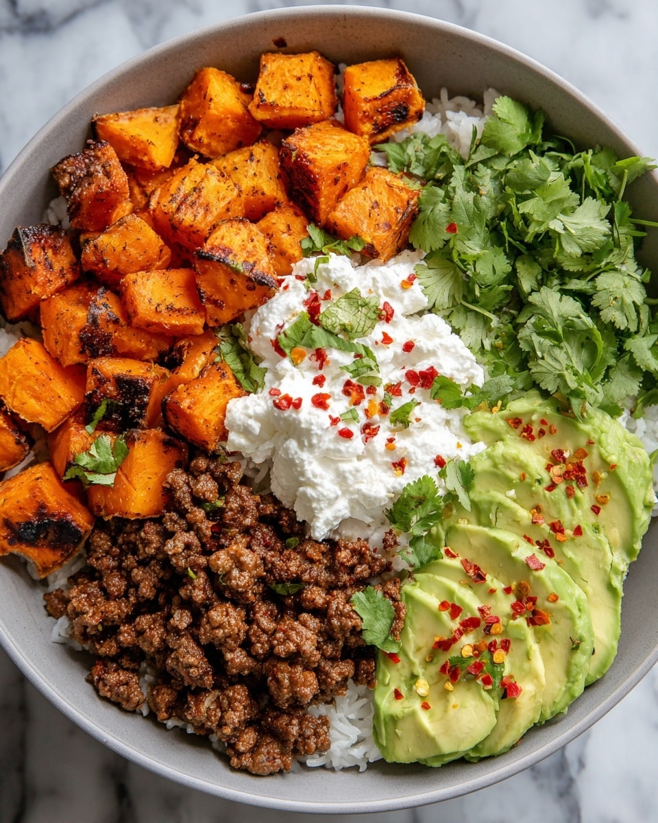 The dish is served in a white bowl filled with four main layers arranged side by side. The first layer is white rice forming the base, visible beneath the other ingredients. On the left side, there are bright orange roasted sweet potato cubes with a slightly crispy texture, sprinkled with green cilantro leaves. Next to the sweet potatoes in the center top, dark brown cooked ground beef with a rich and crumbly texture is also garnished with cilantro. To the right of the beef, a mound of white cottage cheese with a soft and lumpy texture is topped with green cilantro and small red chili flakes. On the bottom right, slices of green avocado with smooth, creamy texture are arranged neatly and scattered with red chili flakes. The bowl rests on a white marbled surface. Photo taken with an iphone --ar 4:5 --v 7
