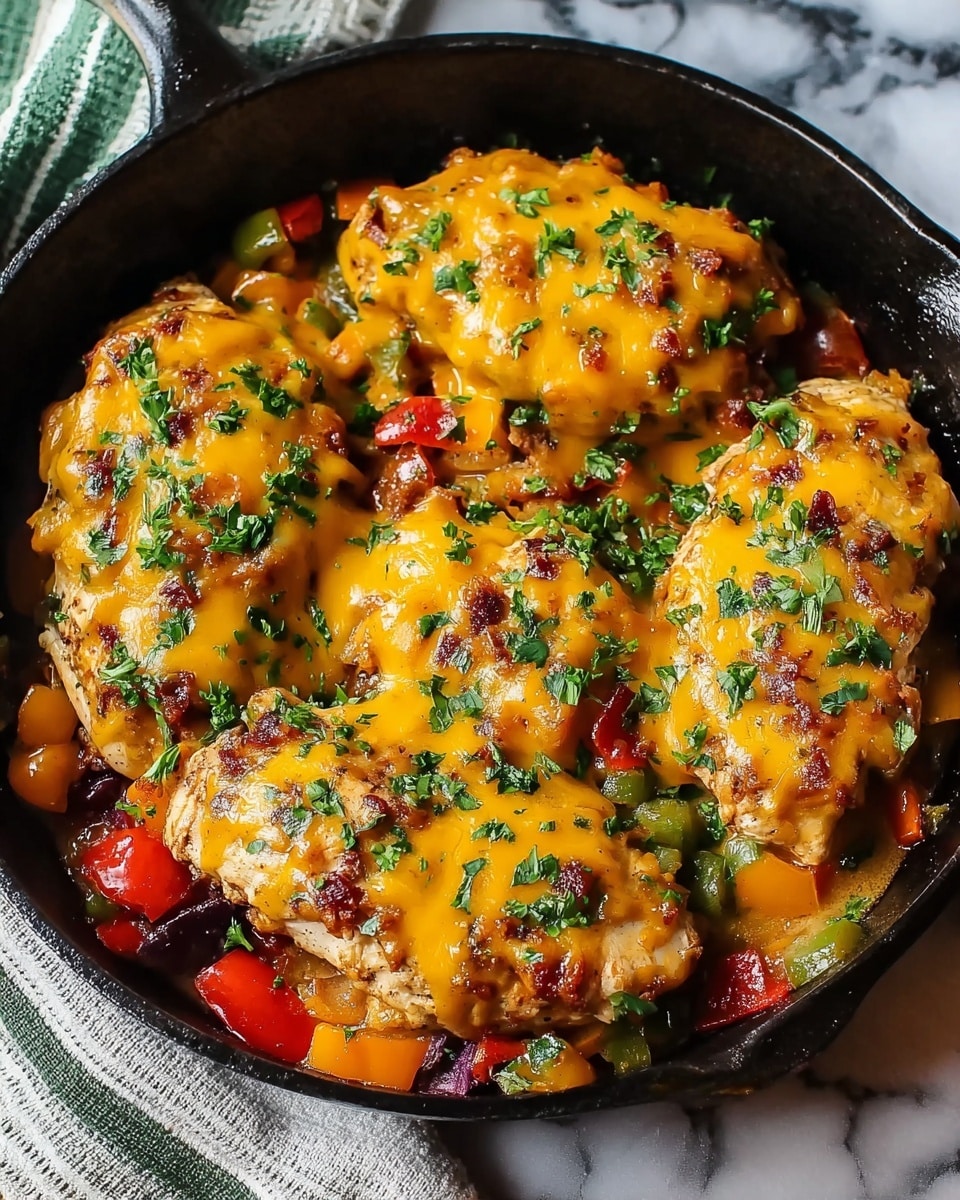 A black skillet filled with four layers of thick chicken breasts cooked with pieces of red and yellow bell peppers and some green peppers, all covered with melted yellow-orange cheddar cheese, sprinkled with chopped green herbs on top, resting on a white marbled surface. photo taken with an iphone --ar 4:5 --v 7