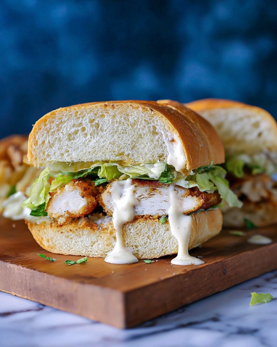 The image shows a sandwich cut in half, placed on a wooden cutting board on a white marbled surface. The sandwich has three main layers visible inside a soft white bread roll: the bottom layer is a golden-brown crispy chicken fillet, the middle layer is fresh green lettuce, and the top layer is creamy white sauce dripping slightly over the chicken. The bread has a light, fluffy texture with a slightly crusty golden-brown top. The background is blurred with a deep blue color, making the sandwich the main focus. Photo taken with an iphone --ar 4:5 --v 7