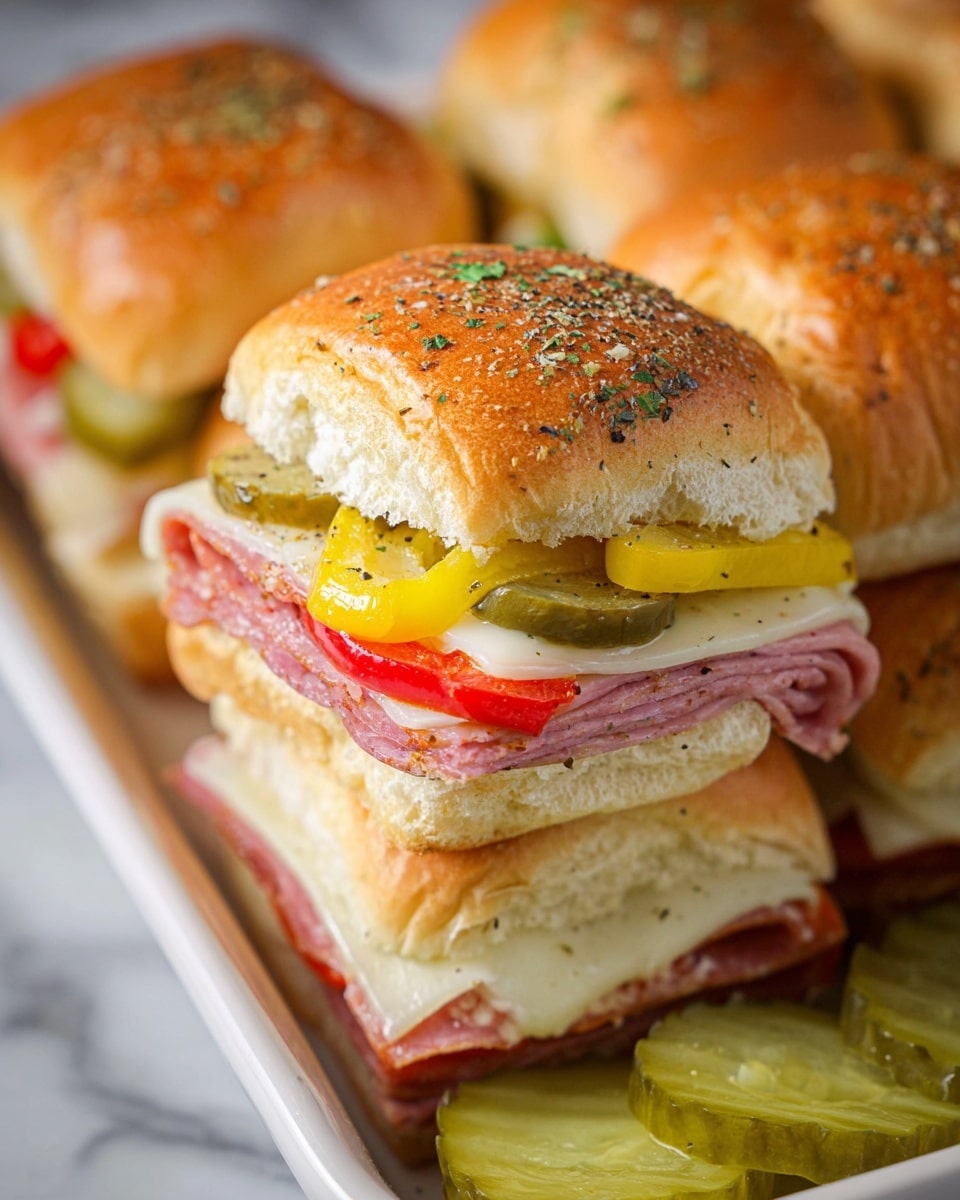 The image shows a stack of savory sandwiches with three main layers inside soft, golden brown buns sprinkled with herbs and black pepper. The bottom layer has a cooked pink meat that looks like ham or salami. Above it is a layer of thin white cheese, slightly melted at the edges. On top are slices of yellow and red peppers along with pale green pickles. The sandwiches are placed close together in a white baking dish on a white marbled surface. Visible beside the sandwiches are slices of green pickles. The top sandwich is slightly tilted to show the inside layers clearly. Photo taken with an iphone --ar 4:5 --v 7
