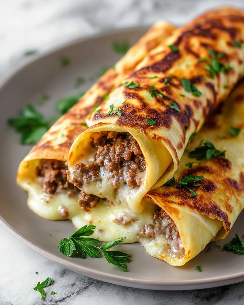 Three rolled crepes are stacked on a white plate with a close-up view. Each crepe is golden brown with crispy, slightly charred spots on the surface. The crepes are filled with a savory mixture of browned ground meat and creamy melted cheese, visible at the open ends. Fresh green parsley leaves are scattered on top of the crepes and around the plate, adding a bright color contrast. The background is softly blurred with a white marbled texture underneath the plate. photo taken with an iphone --ar 4:5 --v 7