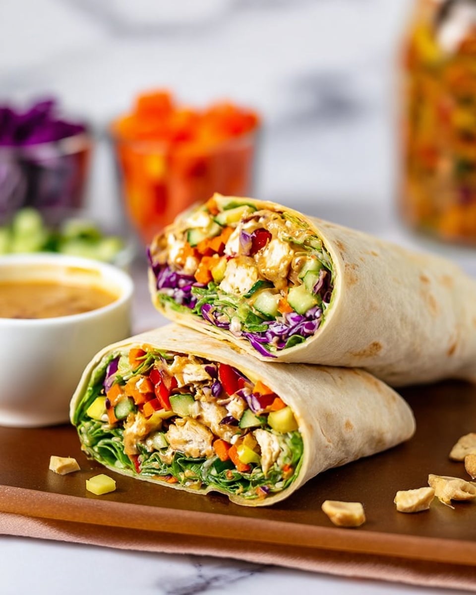 A wrap cut in half and stacked with the cut sides facing forward, showing multiple layers inside. The outer layer is a soft, pale beige tortilla. Inside, the bottom layer has bright green leafy lettuce, followed by a mix of small orange carrot sticks and red bell pepper pieces. Above this is a creamy light brown peanut sauce spread throughout the wrap. There are chunks of light cooked chicken, small diced yellow bell peppers, green cucumber pieces, and bits of purple cabbage mixed in, creating a colorful look. The wrap halves rest on a wooden board with a white bowl of sauce and blurred glasses of colorful chopped vegetables in the background, all placed on a white marbled surface. Photo taken with an iphone --ar 4:5 --v 7