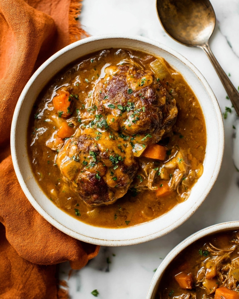 The image shows a white bowl filled with three large meatballs covered in a thick, creamy brown sauce with visible small pieces of orange carrots and bits of herbs. The meatballs have a browned, slightly crispy texture on top. The sauce appears smooth with some shredded ingredients like chicken or vegetables mixed in. A silver spoon rests in the bowl on the right side, partially submerged in the sauce. The bowl is placed on a white marbled surface with an orange cloth folded to the right side of the bowl. photo taken with an iphone --ar 4:5 --v 7