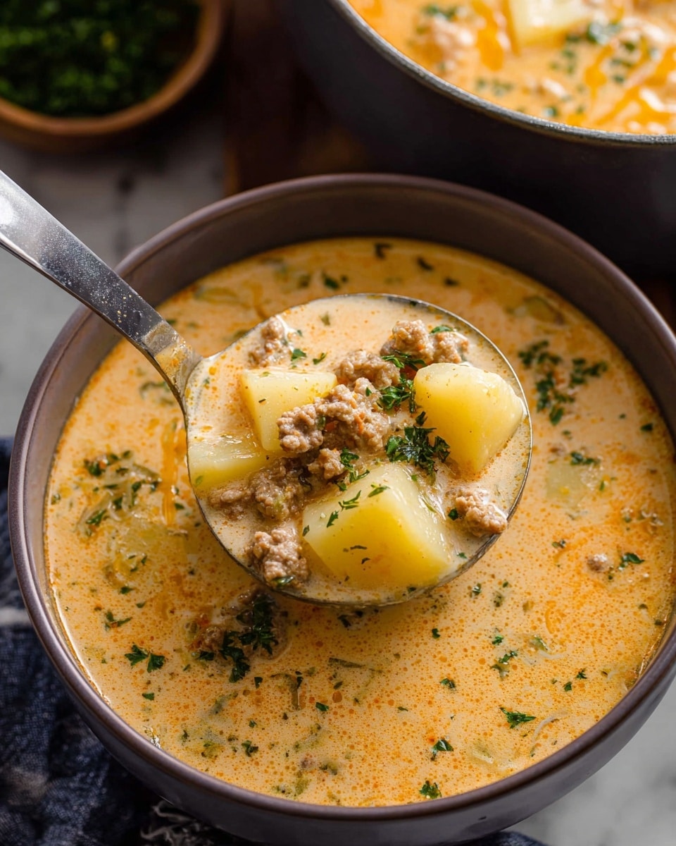 The image shows two bowls filled with creamy soup that has a light orange color and visible pieces of ground meat, diced potatoes, and small bits of green herbs. Each bowl has a small pile of bright yellow shredded cheese placed centrally on top of the soup. The bowls are white with a dark outside edge and sit on a dark wooden surface, with some fresh green parsley and more shredded cheese nearby. Two metal spoons and a gray cloth napkin lie to the side. The soup looks thick and rich with small chunks floating throughout. Photo taken with an iphone --ar 4:5 --v 7