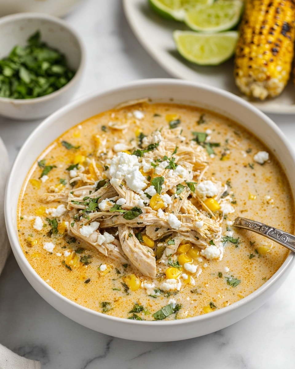 The image shows a bowl of creamy chicken and corn soup with multiple layers. The bottom layer is a rich, light orange broth speckled with herbs. On top, there are shredded white chicken pieces mixed with yellow corn kernels and small green herbs scattered throughout. The soup is garnished with white crumbled cheese and chopped green herbs. The bowl is white and round, placed on a white marbled surface, with a silver spoon inside the soup. In the background, there are lime wedges, a bowl of chopped green herbs, and grilled corn on a white plate. photo taken with an iphone --ar 4:5 --v 7