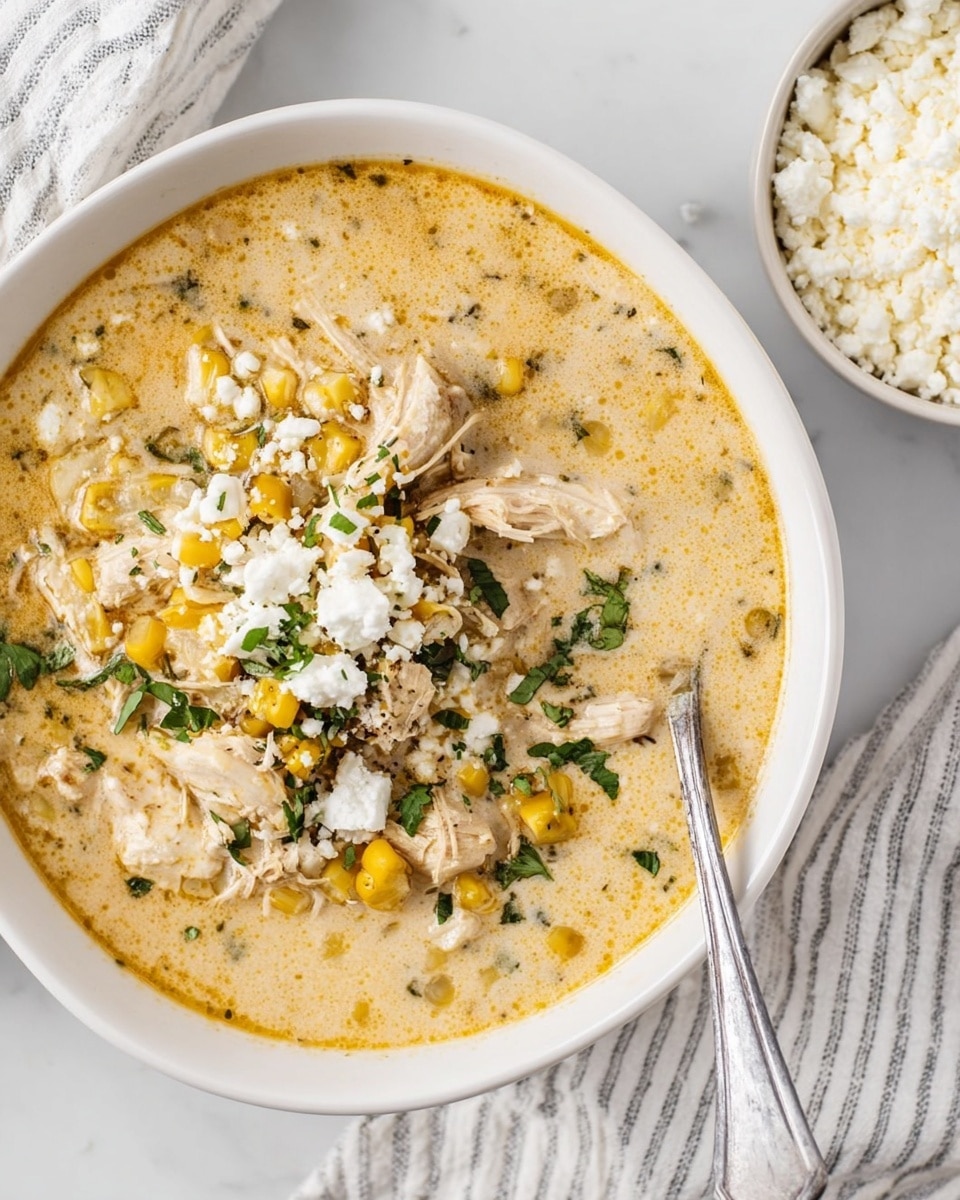 A white bowl filled with creamy chicken soup that has a light yellowish cream color base with specks of herbs throughout. On top, there are shredded white chicken pieces, yellow charred corn kernels, and small chunks of cheese sprinkled over with green chopped herbs. A large silver spoon is resting in the soup on the right side of the bowl. Next to the bowl on a white marbled surface, there is a smaller white bowl filled with crumbly white cheese, and a white and gray striped cloth partially visible. photo taken with an iphone --ar 4:5 --v 7