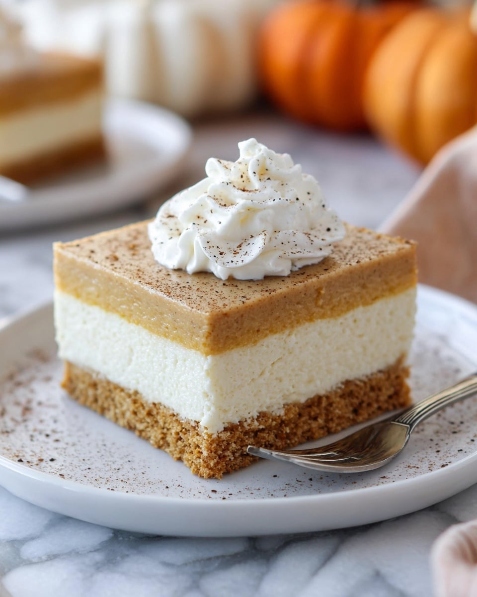 A square slice of layered dessert sits on a white plate, showing three distinct layers: a crumbly light brown base, a thick creamy white middle layer with a soft texture, and a smooth, light brown top layer dusted lightly with fine specks of spice. The dessert is topped with a dollop of white whipped cream that has soft, curved edges and is sprinkled with tiny dark specks. A silver fork rests next to the dessert on the plate, and the plate is set on a white marbled surface, with blurred elements of another similar dessert and decorative pumpkins in the background. photo taken with an iphone --ar 4:5 --v 7