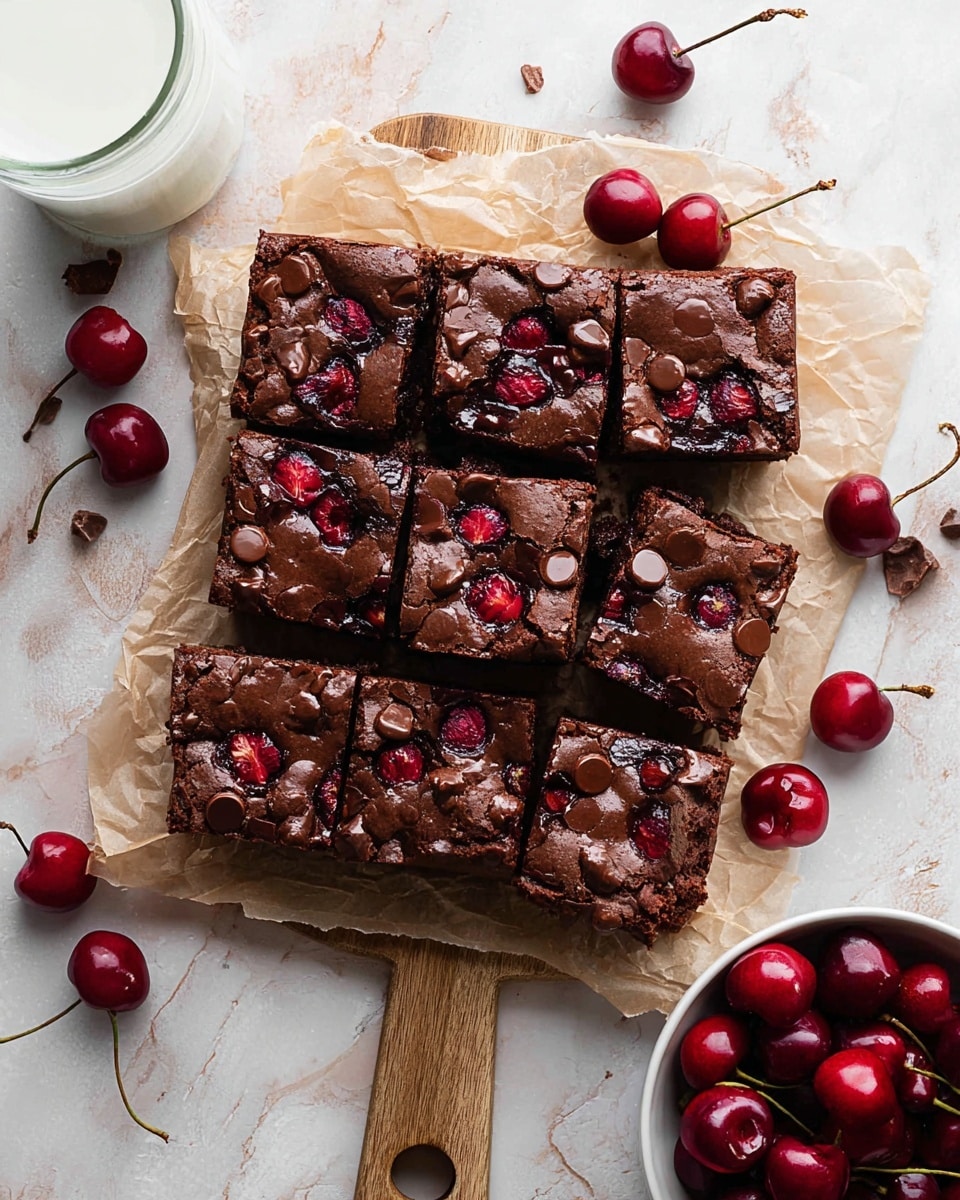 Nine square pieces of rich dark chocolate brownies are arranged in a 3 by 3 grid on crumpled brown parchment paper, placed atop a wooden board with a round hole in its handle. Each brownie piece shows a cracked, slightly shiny surface dotted with melted chocolate chips and glossy, deep red cherry halves. Around the board, bright fresh whole cherries with stems are scattered casually on a white marbled surface. A round white bowl filled with cherries sits at the bottom right, and a glass of milk is partially visible on the top left. The overall image captures a luscious, tempting dessert setting. photo taken with an iphone --ar 4:5 --v 7