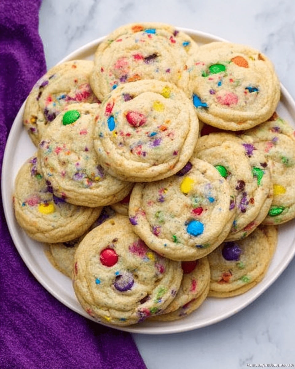 A white plate full of soft, round cookies with colorful candy pieces mixed throughout. The cookies are pale golden brown with a slightly cracked top texture showing the soft interior. The candy pieces are scattered evenly, giving pops of red, green, yellow, blue, and purple. The plate is placed on a white marbled surface, with a purple cloth partially visible on the side. photo taken with an iphone --ar 4:5 --v 7