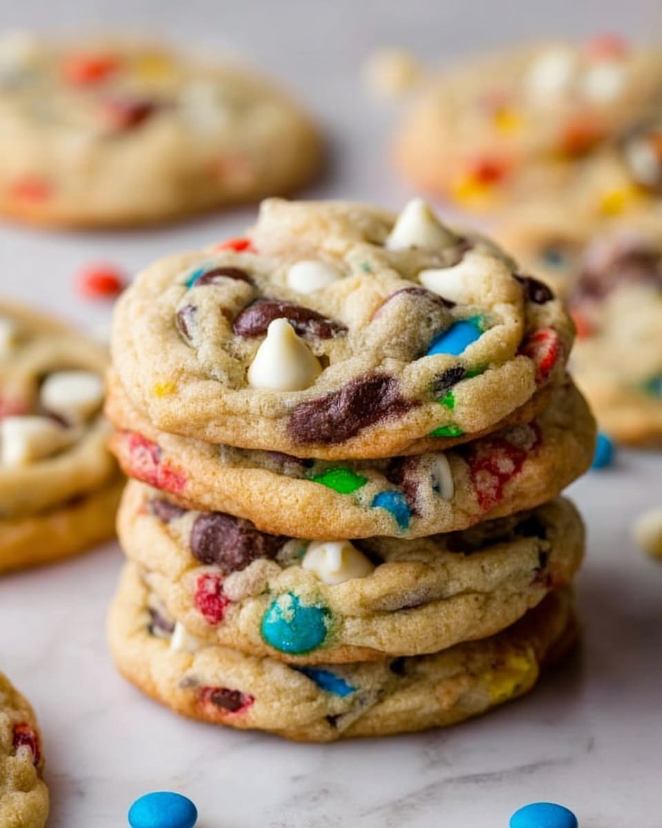 A close-up view of a stack of five soft cookies with a chewy texture, each cookie showing colorful candy-coated chocolate bits in shades of red, blue, green, and yellow mixed throughout the pale golden dough, with large white and dark chocolate chips scattered on top. The cookies rest on a white marbled surface with more cookies blurred in the background. The lighting highlights the slightly gooey centers and crisp edges of the cookies. photo taken with an iphone --ar 4:5 --v 7