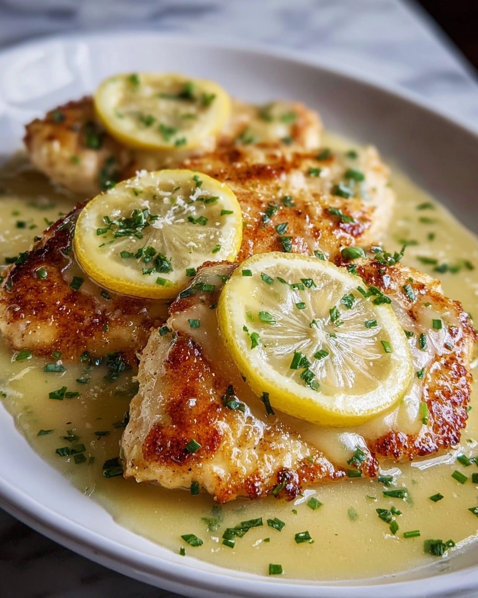 The dish shows three pieces of golden brown grilled chicken, each covered with a smooth, light yellow lemon sauce that pools slightly around the edges. Each piece of chicken is topped with a thin, translucent lemon slice and sprinkled with small bright green chopped herbs, creating a fresh contrast. The chicken has a slightly crispy texture with visible grill marks and a juicy glaze that reflects the light. The dish is set on a white plate placed on a white marbled surface. photo taken with an iphone --ar 4:5 --v 7