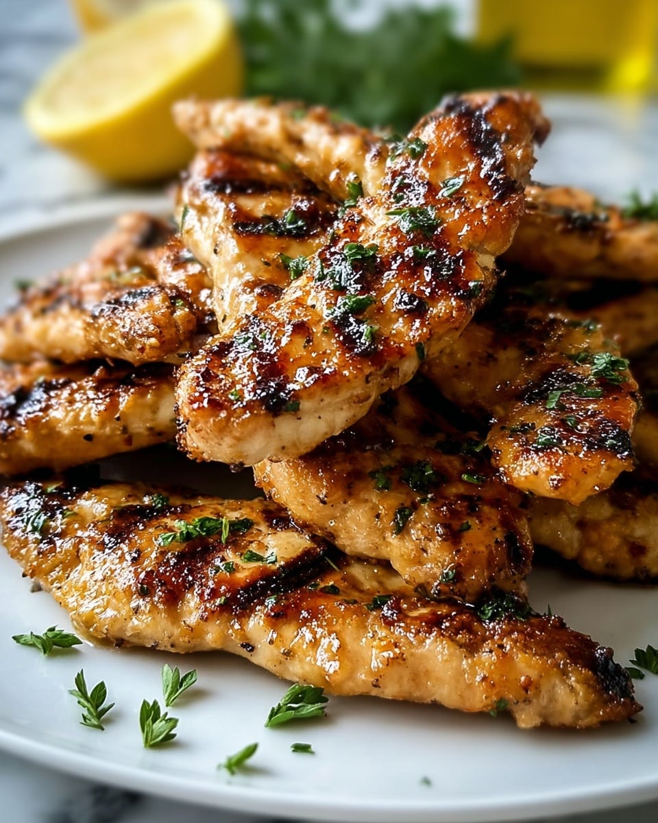 A white plate filled with a stack of grilled chicken wings, each wing showing a golden-brown charred crust with visible grill marks and slight crispiness. The wings are sprinkled with fresh green chopped herbs, adding vibrant color contrast. The texture looks juicy and tender with some dark, crispy edges. The background is a white marbled surface, softly blurred. Photo taken with an iphone --ar 4:5 --v 7