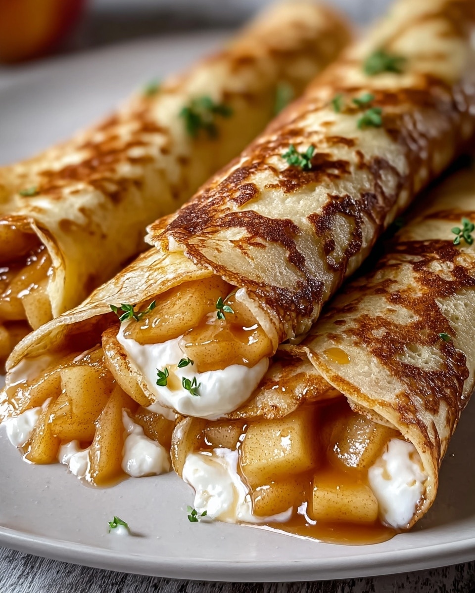 Three folded tortillas are stacked on a white plate, each showing two layers inside: a layer of white melted cheese mixed with golden melted cheddar cheese and a layer of diced, cooked apples with a brown cinnamon coating. The tortillas are lightly toasted with golden brown spots, and small pieces of green herbs are sprinkled around the plate. In the background, red and yellow apples are visible on a white marbled surface. Photo taken with an iphone --ar 4:5 --v 7