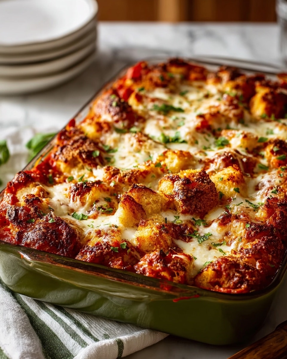 A baked dish in a green rectangular casserole filled with multiple layers; the bottom layer is a rich red tomato sauce slightly visible at the edges, followed by melted white cheese forming a soft, gooey layer covering the sauce, topped with golden brown croutons scattered evenly across the surface, some toasted darker with crispy edges. The casserole rests on a white and green striped cloth on a white marbled surface, with a white plate stack blurred in the background. photo taken with an iphone --ar 4:5 --v 7