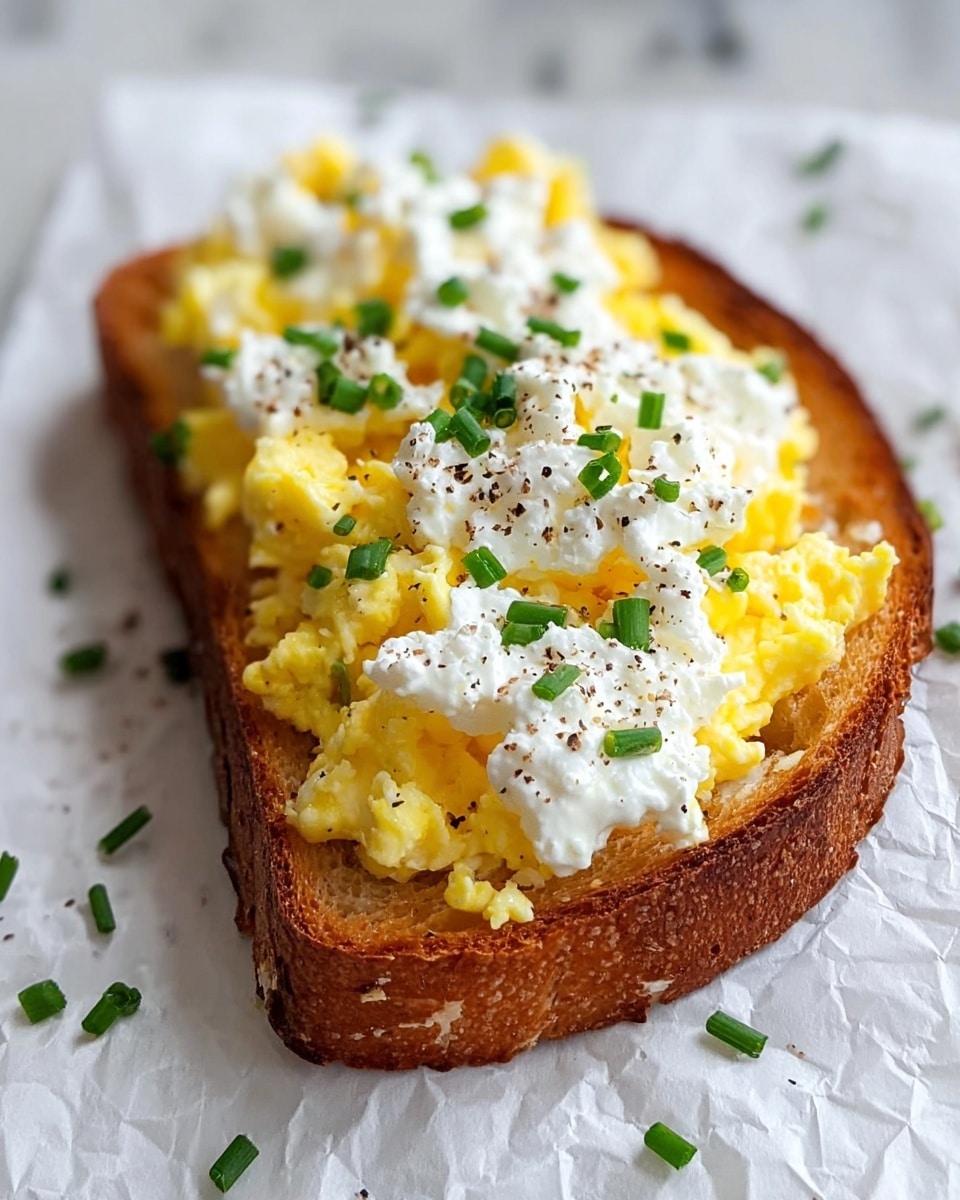 A single slice of toasted bread with a golden brown crust sits on crinkled white parchment paper over a white marbled surface. On top of the toast, there are two visible layers: the bottom layer is bright yellow scrambled eggs with a soft, fluffy texture; the top layer is white, creamy cottage cheese dolloped unevenly. Scattered across both layers are small pieces of fresh green chives and a dusting of black pepper, adding color contrast and texture. Some chives are also scattered around the toast on the parchment. photo taken with an iphone --ar 4:5 --v 7