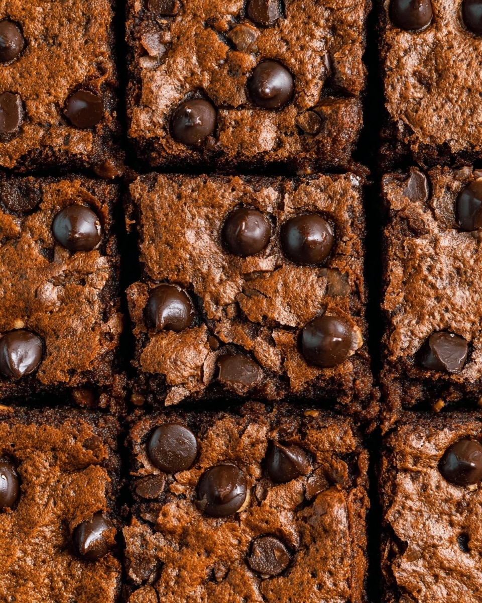 A close-up view of nine square pieces of chocolate chip brownies arranged tightly together, showing the top layer covered with shiny, dark brown chocolate chips scattered unevenly. The brownie surface is textured with a slightly crispy crust, having a rich, warm brown color with small lighter brown nut pieces embedded inside. The edges are slightly crumbly, and the cracks between the pieces reveal a moist and dense inside. Photo taken with an iphone --ar 4:5 --v 7