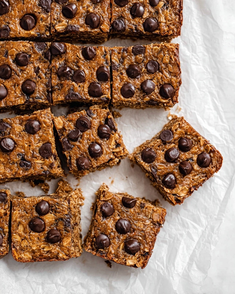 The image shows a batch of square chocolate chip oat bars laid out on crinkled white parchment paper over a white marbled surface, with nine bars fully aligned and two bars slightly pulled away from the main group on the right. Each bar has a golden brown top layer with a rough, slightly bumpy texture from oats, covered with scattered, round, glossy dark chocolate chips that are slightly melted. The bars have clean edges and reveal a dense, chewy middle layer. Photo taken with an iphone --ar 4:5 --v 7