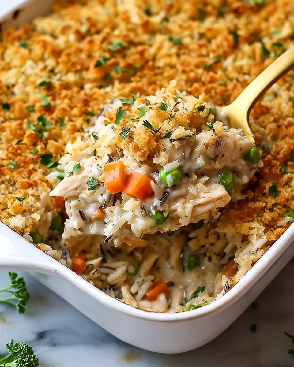 A close-up view of a deep black pot filled with a creamy wild rice dish. The dish has a thick, creamy base mixed with chunks of light beige chicken. There are small pieces of orange carrots, pale green celery, and some scattered dark wild rice grains throughout. The texture looks soft and creamy with some small green herb bits sprinkled on top. A wooden spoon with smooth texture is lifting a scoop of the dish from the pot. The pot sits on a light cloth on a white marbled surface. photo taken with an iphone --ar 4:5 --v 7