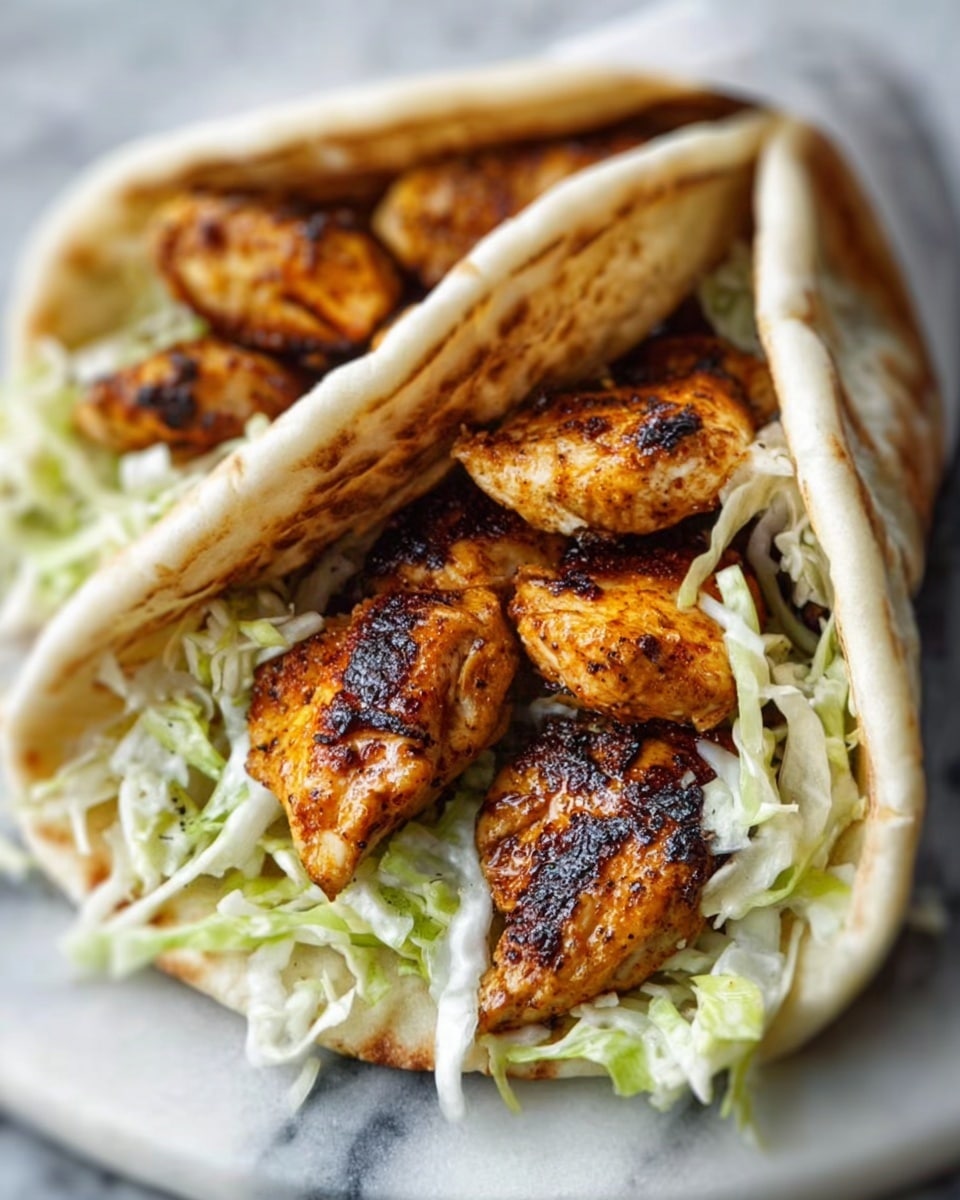 The image shows a close-up of a white, soft pita bread folded and filled with several pieces of golden-brown grilled chicken, which are slightly charred and crispy on the outside. Underneath the chicken, there is a layer of finely shredded cabbage, light green and white in color, adding texture and freshness. The pita and filling rest on a white marbled surface, with parts of the filling and bread overlapping each other naturally. The chicken pieces are arranged in two layers inside the pita, making the sandwich look full and inviting. Photo taken with an iphone --ar 4:5 --v 7