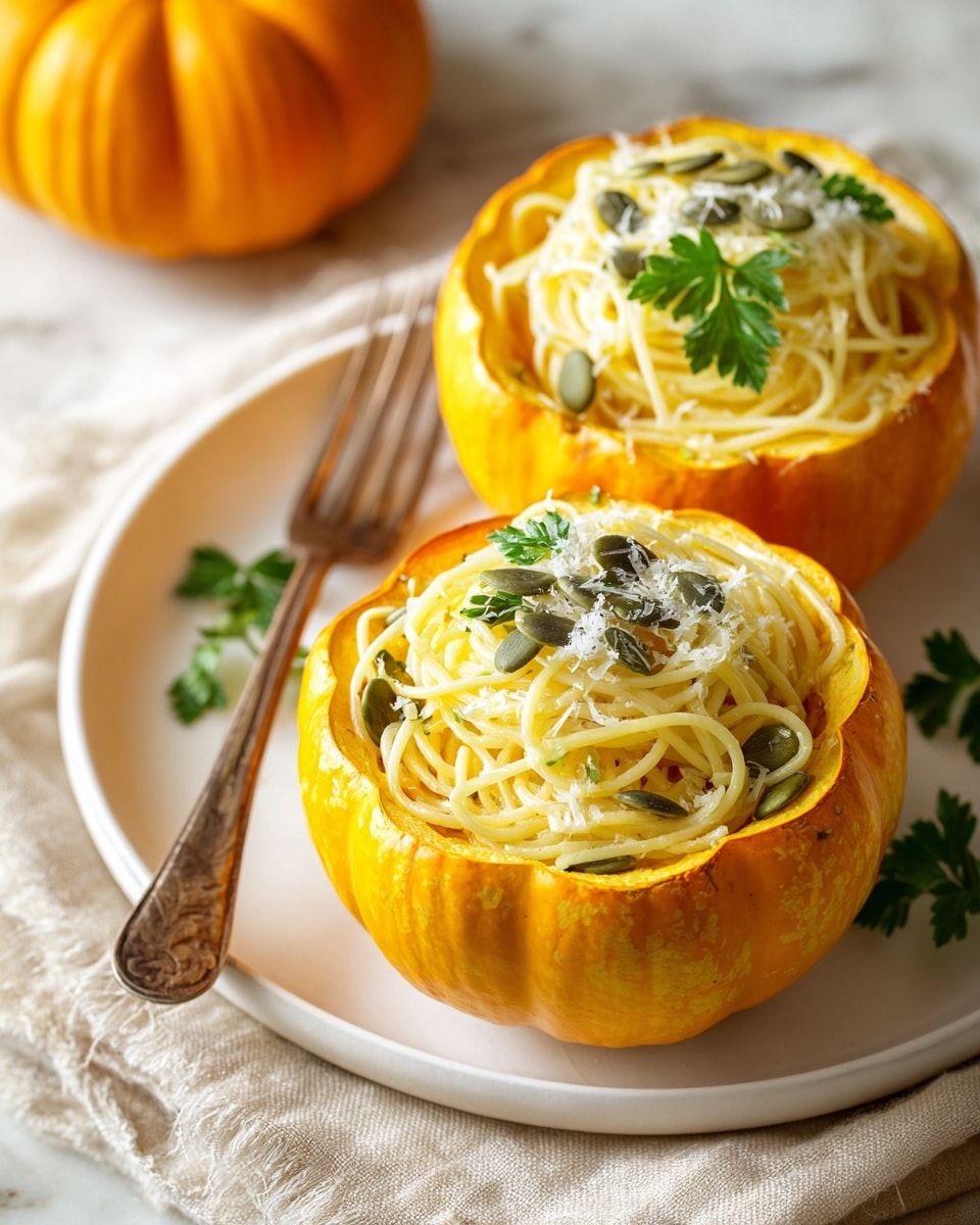 Two small orange pumpkins, hollowed out and used as bowls, sit on a white plate over a beige cloth on a white marbled surface. Each pumpkin is filled with creamy, light yellow spaghetti curled into small nests. On top of the pasta are green parsley leaves, a few green pumpkin seeds, and finely grated white cheese sprinkled around. A bronze fork lies on the edge of the plate near the pumpkins. The background is softly blurred. photo taken with an iphone --ar 4:5 --v 7