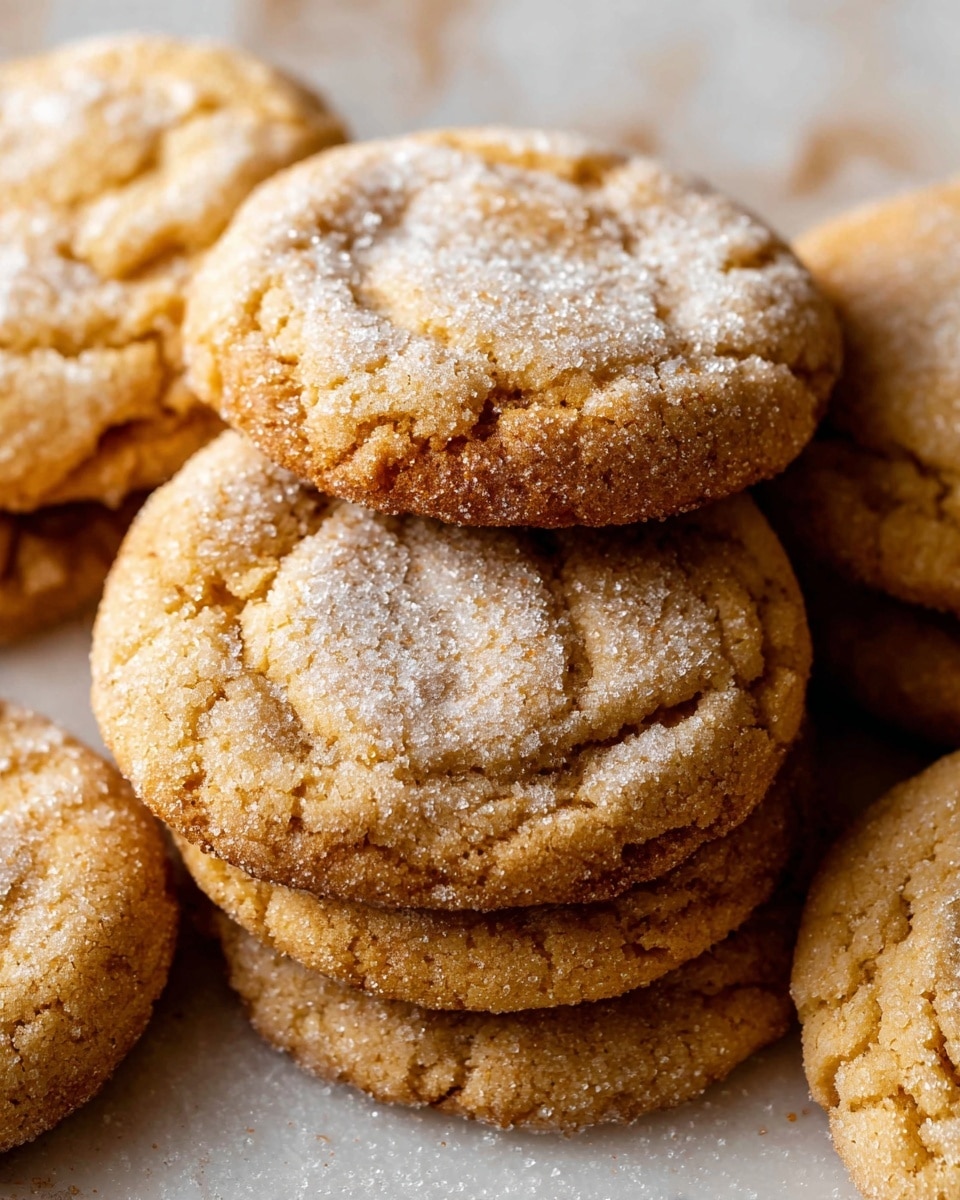 The image shows a close-up view of a stack of soft, round cookies with a rough texture and a light brown color. Each cookie has a slightly cracked surface and is dusted with a fine layer of white sugar crystals giving them a sparkling effect. The cookies are closely packed on a white marbled surface, highlighting their crumbly and slightly chewy appearance. The edges are slightly darker, showing a baked golden-brown shade, while the centers are lighter with a soft texture. Photo taken with an iphone --ar 4:5 --v 7