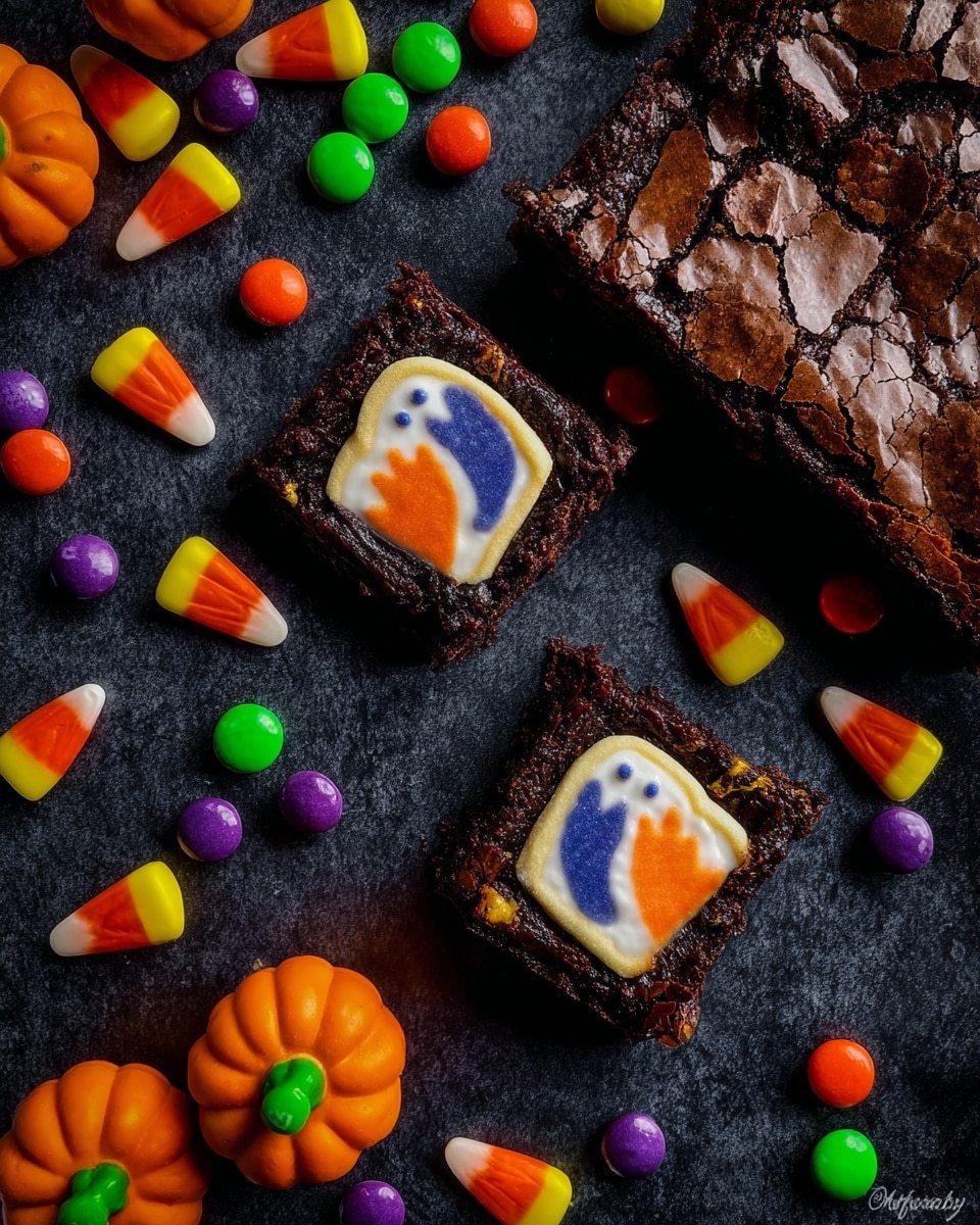 The image shows two square dark chocolate brownies with a cracked, shiny top layer, placed on a dark surface with colorful candy scattered around. Each brownie has one square sugar cookie embedded in the center with a white base and a design of a blue ghost face with orange nose and black eyes. Surrounding the brownies are bright orange, yellow, and white candy corn; small orange pumpkin-shaped candies with green tops; and round candy-coated chocolates in green, purple, orange, and red colors. The overall scene is rich with vibrant fall and Halloween colors creating a festive look. Photo taken with an iphone --ar 4:5 --v 7