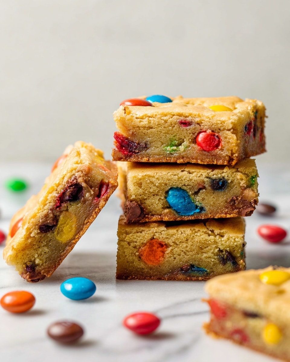 A stack of four square blondie bars is shown on a white marbled surface, with one blondie leaning against the stack at the front. Each blondie has a golden-brown top layer studded with colorful candy-coated chocolates in bright red, orange, yellow, blue, and green. The middle layer is a soft, dense cake-like texture with spots of melted chocolate and colorful candy pieces visible inside. Around the blondies, scattered candy-coated chocolates add extra color to the scene. The background is a subtle white marbled texture. photo taken with an iphone --ar 4:5 --v 7