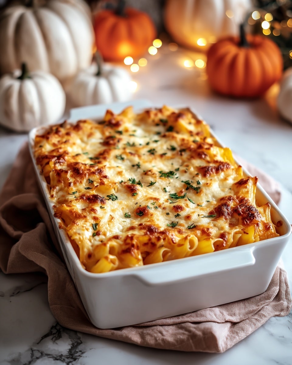 A white rectangular baking dish filled with baked pasta layers, starting with golden yellow pasta tubes at the base, topped by a thick layer of melted, browned cheese that is bubbly and slightly crispy in spots, garnished with small green herb leaves scattered on the surface. The dish is placed on a light brown cloth on a white marbled surface, with small decorative white and orange pumpkins and warm string lights softly glowing in the blurry background, creating a cozy fall atmosphere. Photo taken with an iphone --ar 4:5 --v 7