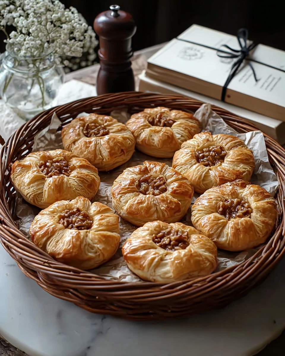 A round brown wicker basket filled with nine golden-brown pastries arranged close to each other, each pastry showing a layered, flaky texture with slightly puffy edges and a central filling of chopped nuts that is darker brown, placed on a white marbled surface with a small clear vase holding white flowers on the side and a dark wooden pepper grinder behind the basket, with a white book tied with black string in the background, photo taken with an iphone --ar 4:5 --v 7