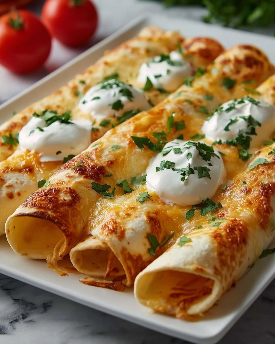The image shows a close-up of six rolled tortillas on a white rectangular plate placed on a white marbled surface. Each tortilla is covered with melted golden-brown cheese that looks bubbly and slightly crispy on top. There are five dollops of creamy white sour cream spread evenly over the tortillas, each topped with chopped green cilantro leaves, adding a fresh touch. The tortillas reveal a soft, light yellow interior peeking out from the open ends. The background has two blurred red tomatoes that add color contrast. photo taken with an iphone --ar 4:5 --v 7