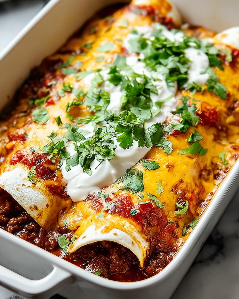 Two rolled tortillas filled with a dark brown meat mixture are placed side by side in a white rectangular baking dish. The tortillas are covered with a thick layer of melted yellow and white cheese mixed with red tomato sauce, glowing with warmth. Bright red diced tomatoes peek through the cheese. On top, there are three dollops of smooth, white sour cream, each sprinkled with fresh, chopped green cilantro leaves that add a vibrant touch. The dish sits on a white marbled surface, highlighting the rich colors of the food. photo taken with an iphone --ar 4:5 --v 7