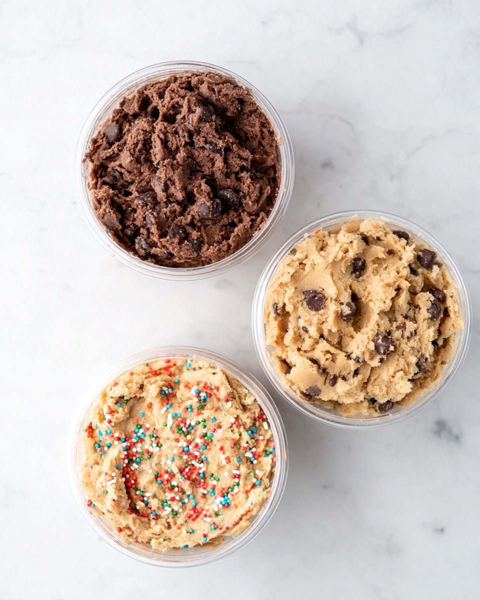 Three clear round containers each filled with a different type of cookie dough, placed on a white marbled surface. The top container holds a dark brown chocolate dough with visible small chocolate chips mixed in, showing a rough and chunky texture. The bottom right container has light brown cookie dough, also with many small chocolate chips embedded throughout, appearing soft and crumbly. The bottom left container contains light beige dough sprinkled with colorful tiny round sprinkles, giving it a festive look and a slightly lumpy texture. photo taken with an iphone --ar 4:5 --v 7