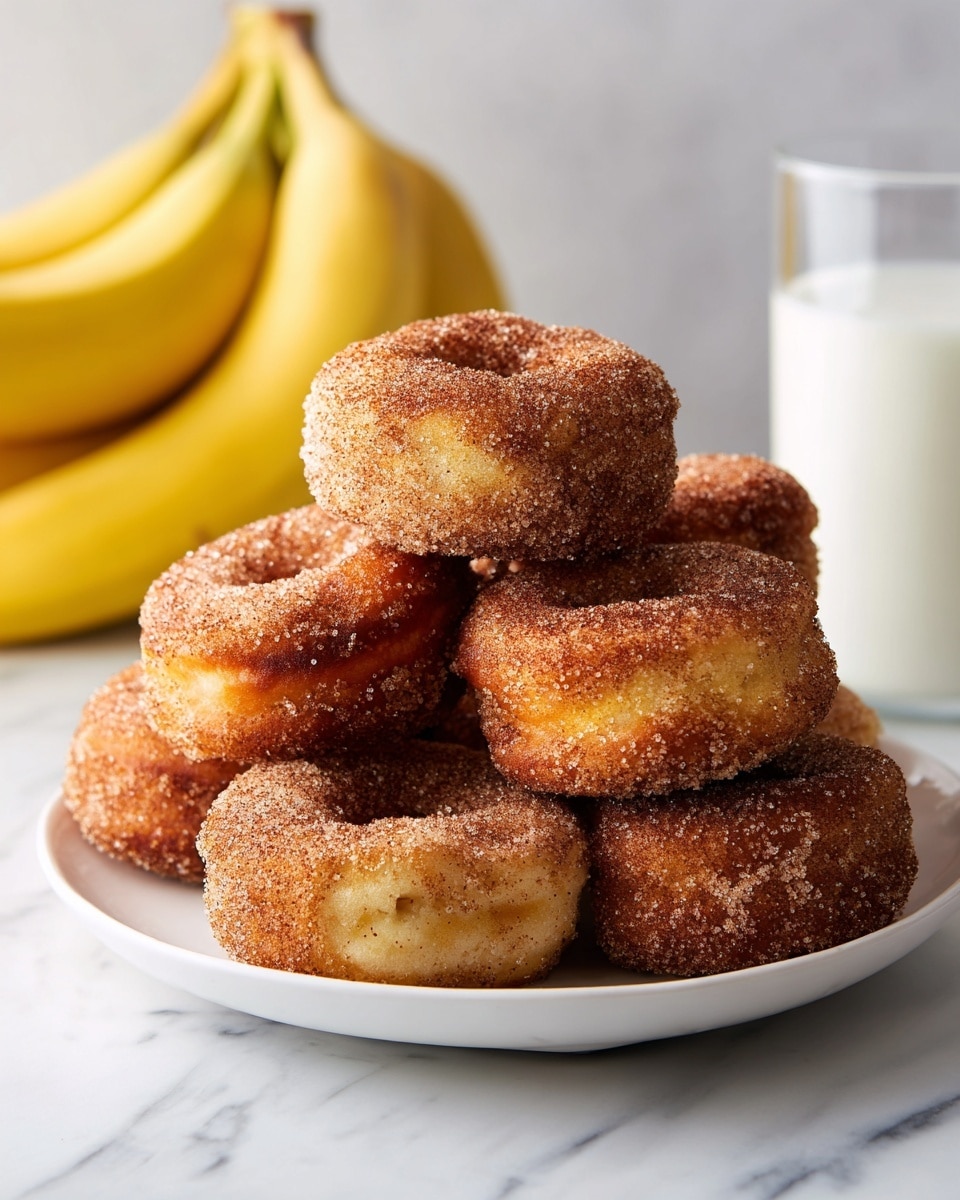 A white plate holds seven round doughnut holes piled in a small mound, each covered with a coarse, sparkling layer of cinnamon sugar giving a light brown and slightly grainy texture. The doughnut holes are golden brown with slightly uneven surfaces showing some lighter and darker spots, suggesting a fresh fry. In the background, a bunch of bright yellow bananas is partly visible on the left, and a tall glass or bottle of white milk stands behind the doughnuts on the right, all set on a white marbled surface. Photo taken with an iphone --ar 4:5 --v 7