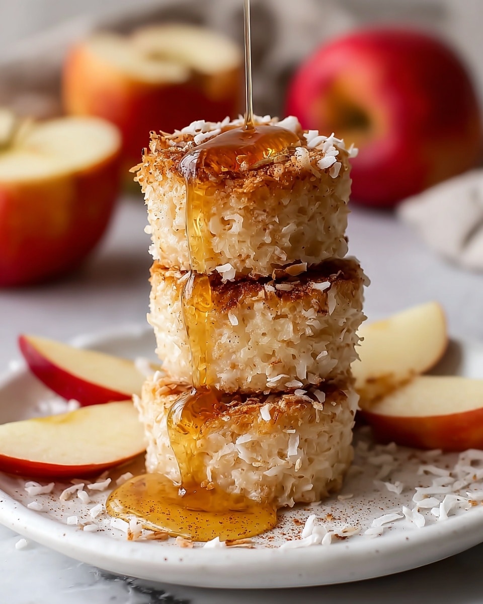 Three small round cheese balls are stacked in the middle of a white plate, each covered with white shredded coconut and a light dusting of brown cinnamon powder. Honey is drizzled over the top cheese ball, slowly running down the sides of all three layers. Around the stack, there are thin slices of red-and-yellow apple placed neatly, with a few drops of honey on the plate near them. The texture of the cheese balls looks smooth under the coconut coating, and the background is softly blurred with a white marbled surface beneath the plate. Photo taken with an iphone --ar 4:5 --v 7
