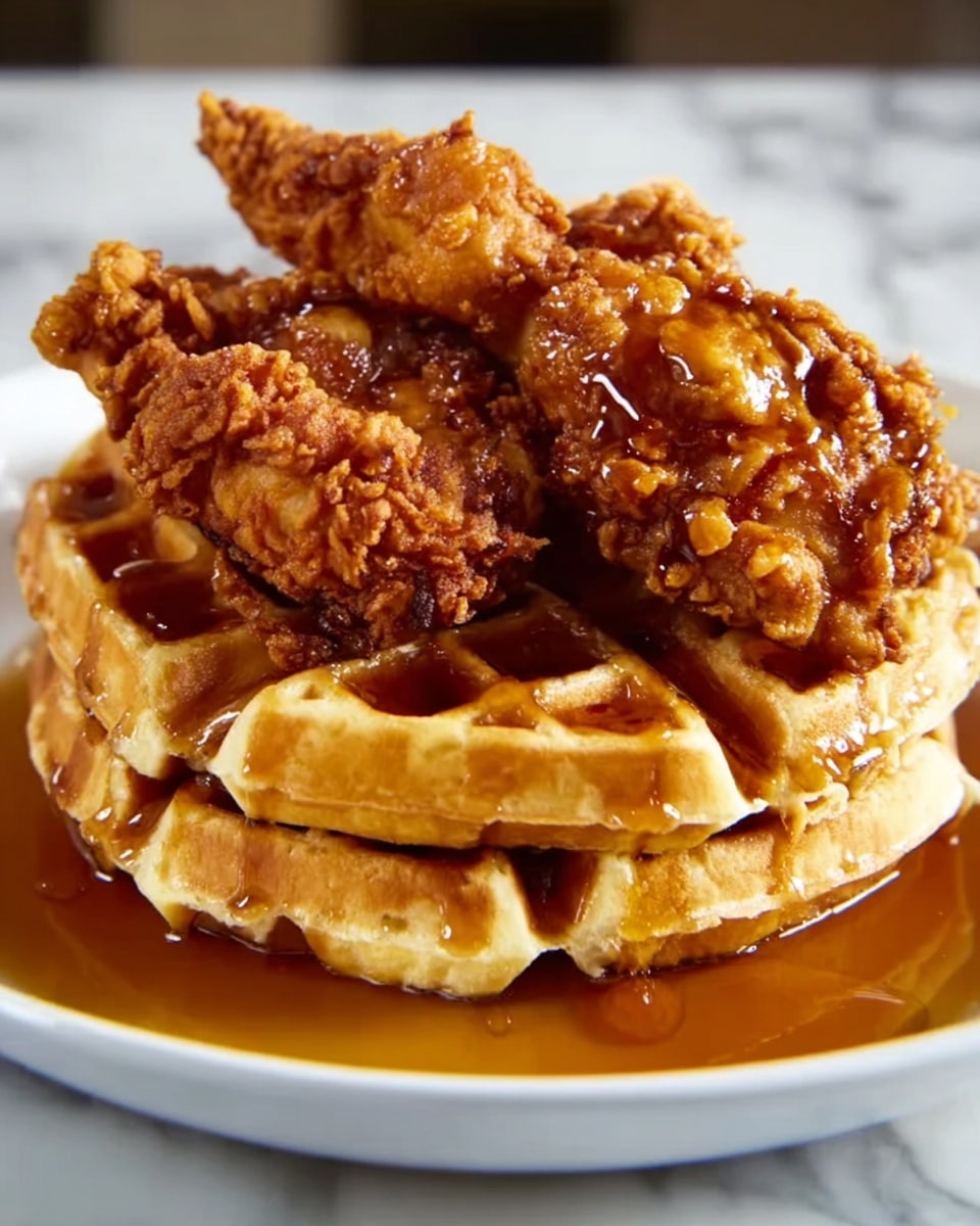 A stack of two golden brown waffles sits at the bottom, each waffle showing a crispy grid texture and light shading from slightly toasted edges. On top of the waffles, there is a large piece of fried chicken, with a rough, crunchy, and uneven breaded coating in shades of deep golden brown. The chicken is drizzled generously with a glossy amber syrup that pools slightly on the white plate beneath. The whole dish is set against a white marbled surface. photo taken with an iphone --ar 4:5 --v 7