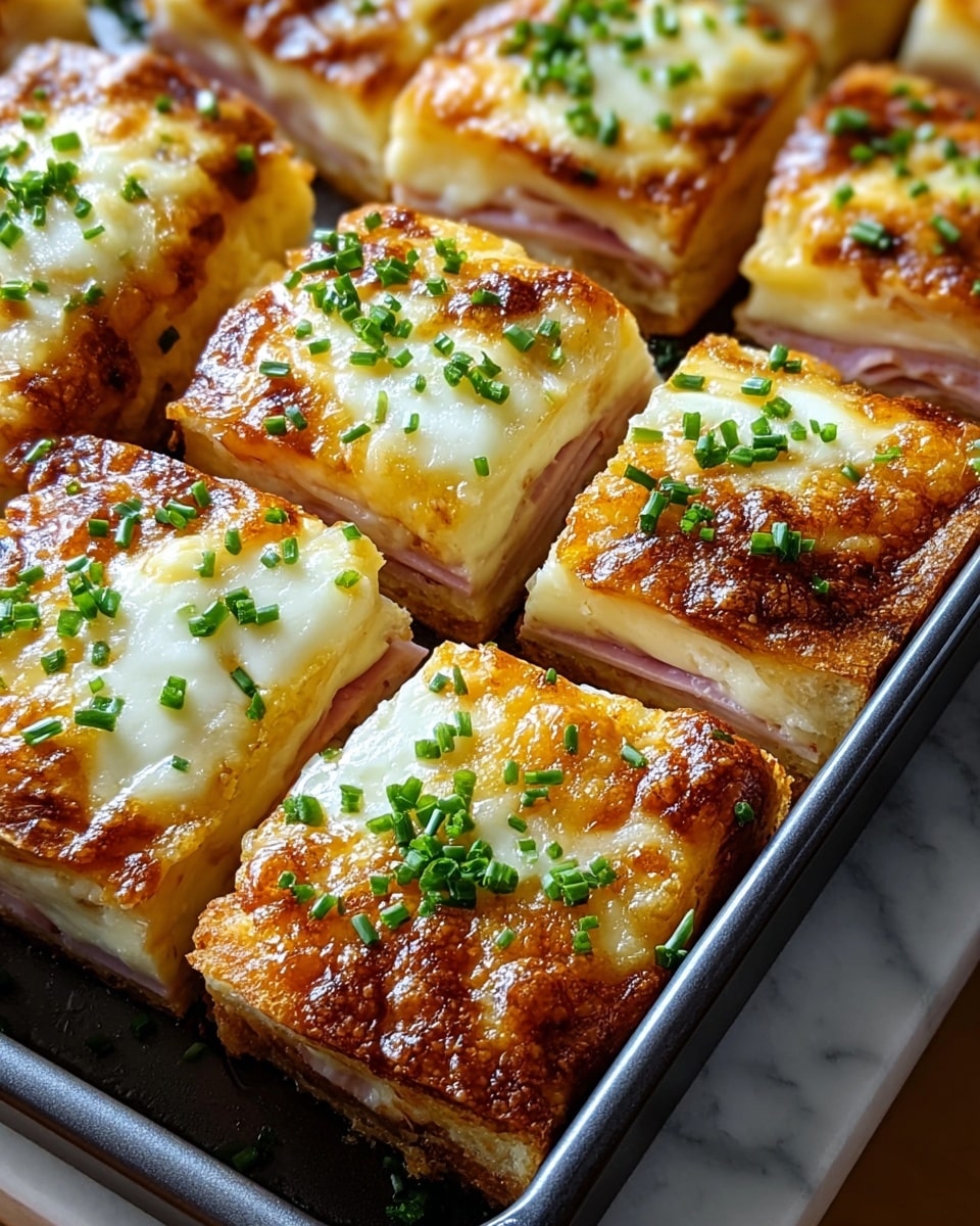 The image shows a baking tray filled with several square pieces of a layered dish. Each piece has about three layers: a crispy golden-brown top layer with melted white cheese, a middle layer of light yellow melted cheese, and a bottom layer that appears to contain thin slices of ham with some creamy sauce. The top is sprinkled with small bright green chopped herbs, likely chives, adding a fresh touch. The dish looks warm, gooey, and perfectly cooked, with a slight browning around the edges of each square piece. The baking tray rests on a white marbled surface. Photo taken with an iphone --ar 4:5 --v 7