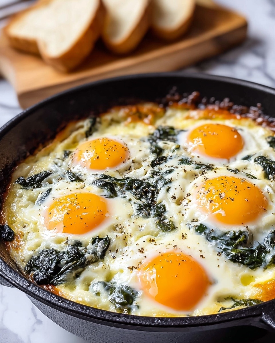 A black skillet holds a baked dish with four sunny side up eggs evenly spaced on top. Each egg has a bright, shiny orange yolk surrounded by soft white, slightly set edges. Underneath the eggs, the dish shows melted, bubbly white cheese mixed with dark green cooked spinach leaves giving it a textured look. The edges of the cheese are golden brown and slightly crispy. The skillet rests on a white marbled surface, and in the background, there is a blurred wooden board with slices of white bread. The whole image looks fresh and warm. photo taken with an iphone --ar 4:5 --v 7