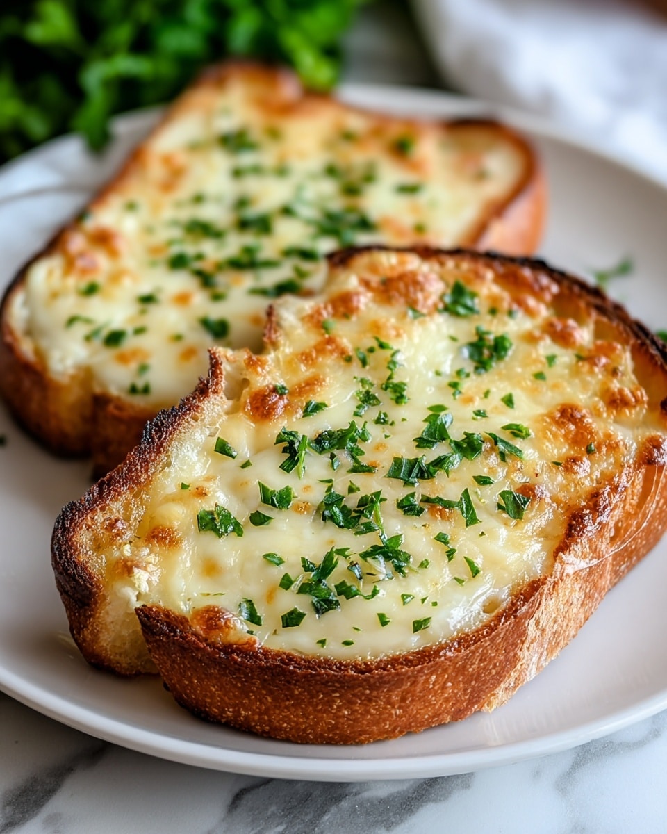 Two slices of thick white toasted bread are shown on a white plate, each topped with a layer of melted cheese that is golden brown in some spots and creamy white in others. The cheese layer has a slightly bubbly texture and is sprinkled with finely chopped fresh green herbs. The edges of the bread are crispy and browned, contrasting with the soft, gooey cheese on top. The plate sits on a white marbled surface with some greenery blurred in the background. Photo taken with an iphone --ar 4:5 --v 7