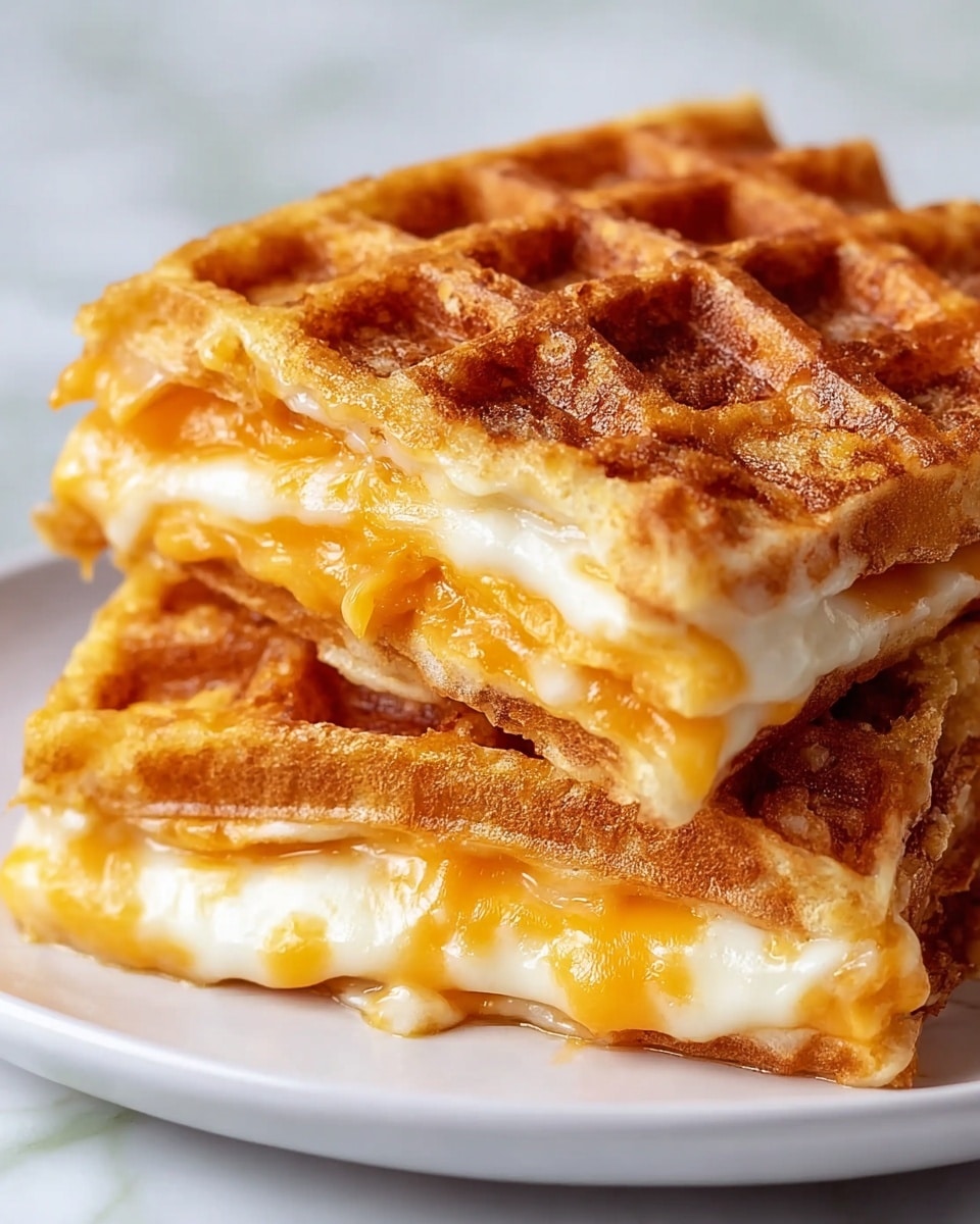 The image shows a grilled cheese sandwich cut in half on a white plate. The sandwich has two golden brown, crispy bread slices with visible grill marks that form a grid pattern on top. Between the bread layers, there are two layers of melted cheese: a creamy white cheese on top and a darker orange cheese underneath. The melted cheeses stretch out slightly where the sandwich is pulled apart. In the background, on the edge of the plate, there is a white bowl containing a creamy white dipping sauce. The scene is set on a white marbled surface. photo taken with an iphone --ar 4:5 --v 7