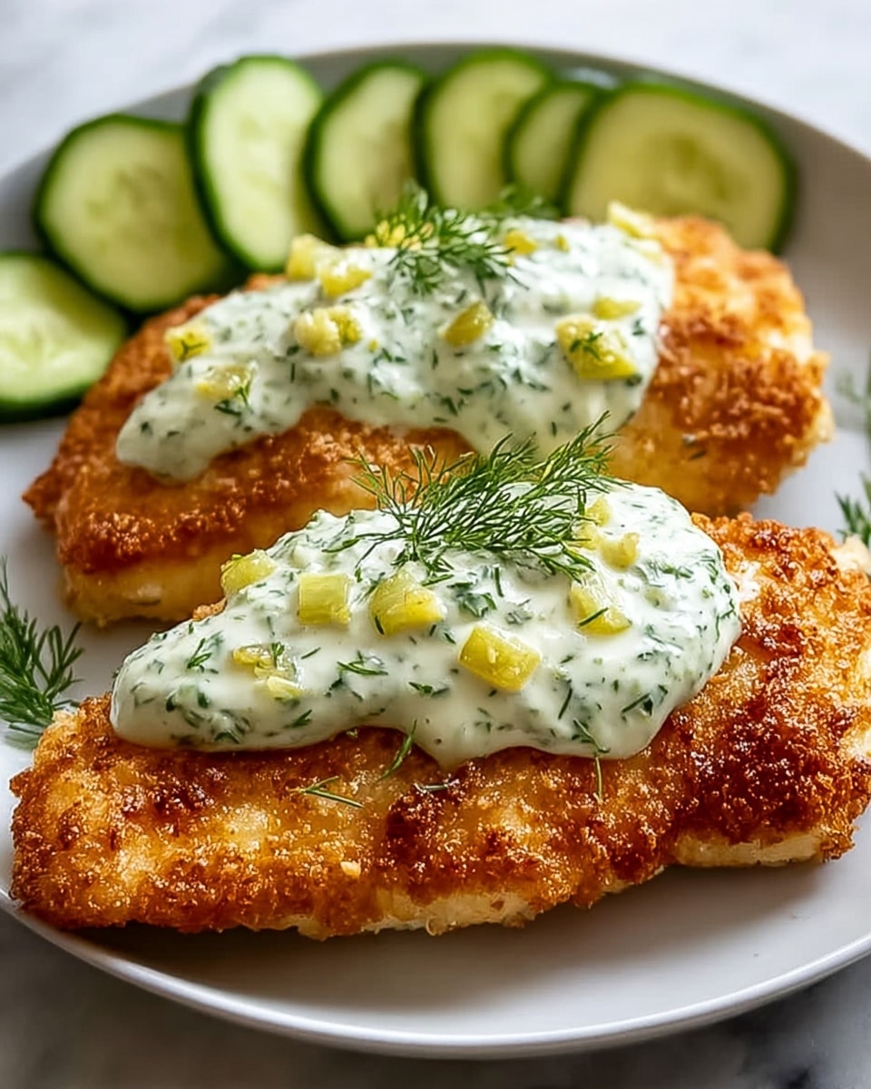 Two golden brown crispy fried fish fillets are placed on a white plate. Each fillet has a thick layer of creamy white sauce with green herbs and small yellow pieces on top, garnished with a small sprig of fresh dill. At the back of the plate, there are several round, thin cucumber slices. The whole plate is set on a white marbled surface. photo taken with an iphone --ar 4:5 --v 7