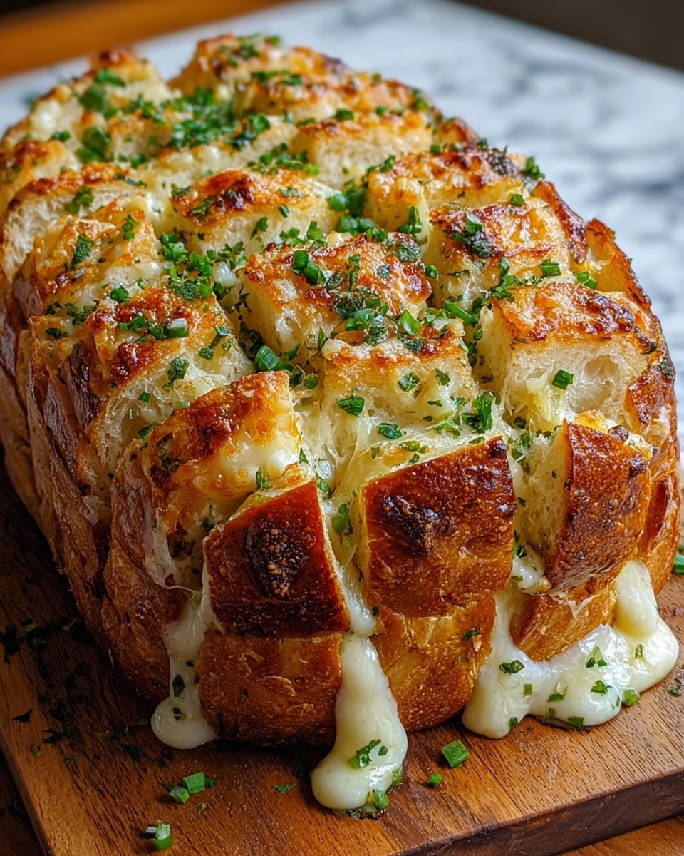 A close-up view of a baked pull-apart bread, showing a soft white inner bread base sliced into thick pieces with golden brown toasted tops on each slice. Between each slice, there is a thick layer of melted cheese that looks bubbly with slightly browned spots. Fresh green chopped herbs are sprinkled evenly over the top, adding a lively contrast to the warm colors of the bread and cheese. The bread rests on a wooden surface with a few more scattered herbs around it. Photo taken with an iphone --ar 4:5 --v 7