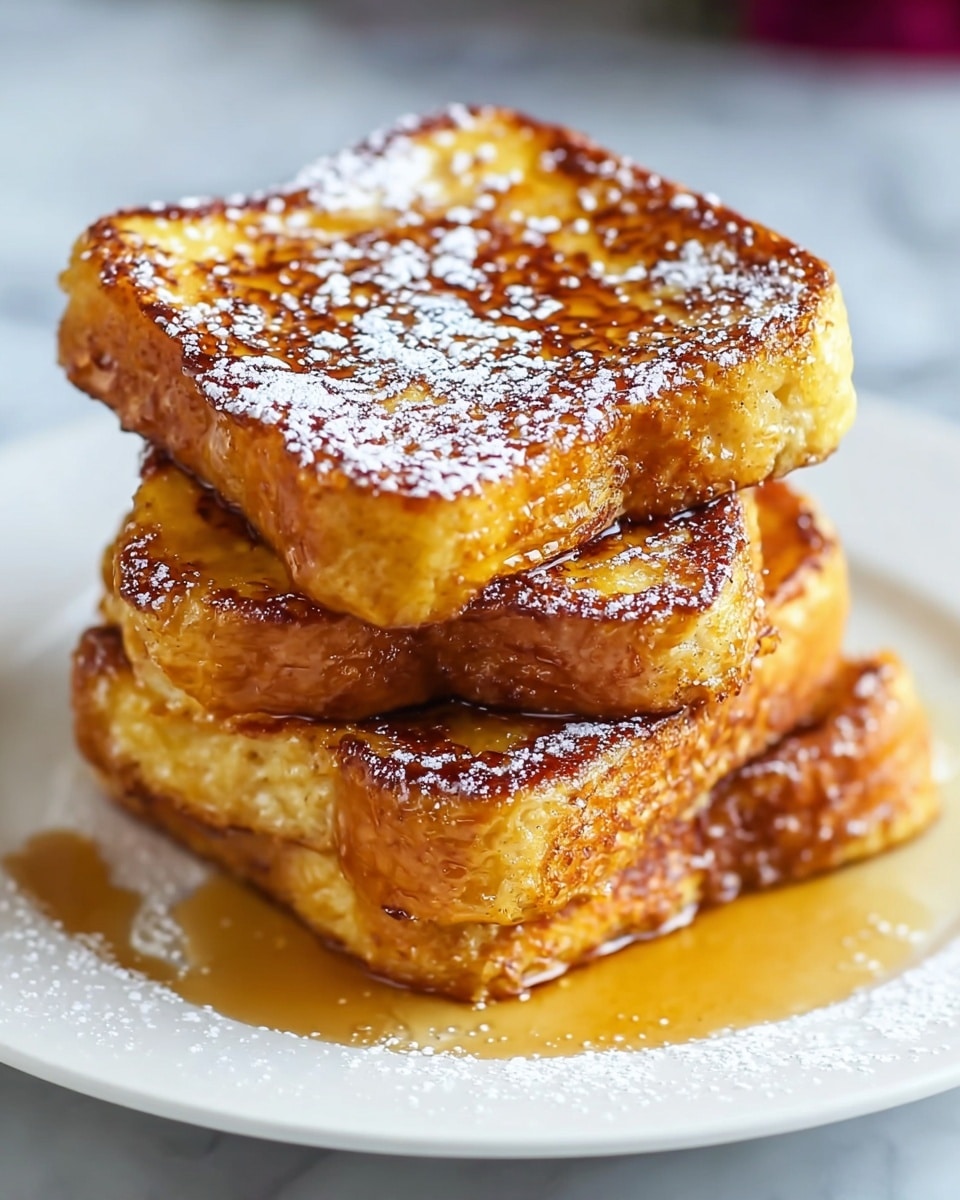 A stack of four golden brown French toast pieces sits in the center of a white plate. Each piece is thick, with a crispy, caramelized outer layer and a soft, fluffy inside. The top slice is dusted with powdered sugar and glistens with a light drizzle of syrup that runs down the sides and pools slightly on the plate. The toast’s edges have a slightly darker brown color, showing a perfect toast texture, while the middle parts have a warm yellow hue. The white marbled surface under the plate is blurred out softly, keeping the focus on the toast stack. photo taken with an iphone --ar 4:5 --v 7