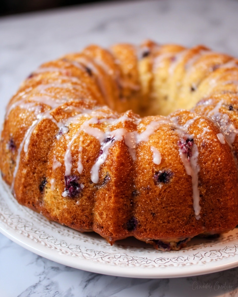 This image shows a round bundt cake with a golden brown crust, featuring visible dark purple spots of berries baked inside. The cake is topped with a light drizzle of white glaze, which gently runs down the ridges of the bundt shape, giving it a glossy look. The cake is placed on a white plate with a subtle decorative pattern around its edges, set on a white marbled surface. The texture of the cake looks soft and moist with a slightly crumbly exterior. photo taken with an iphone --ar 4:5 --v 7