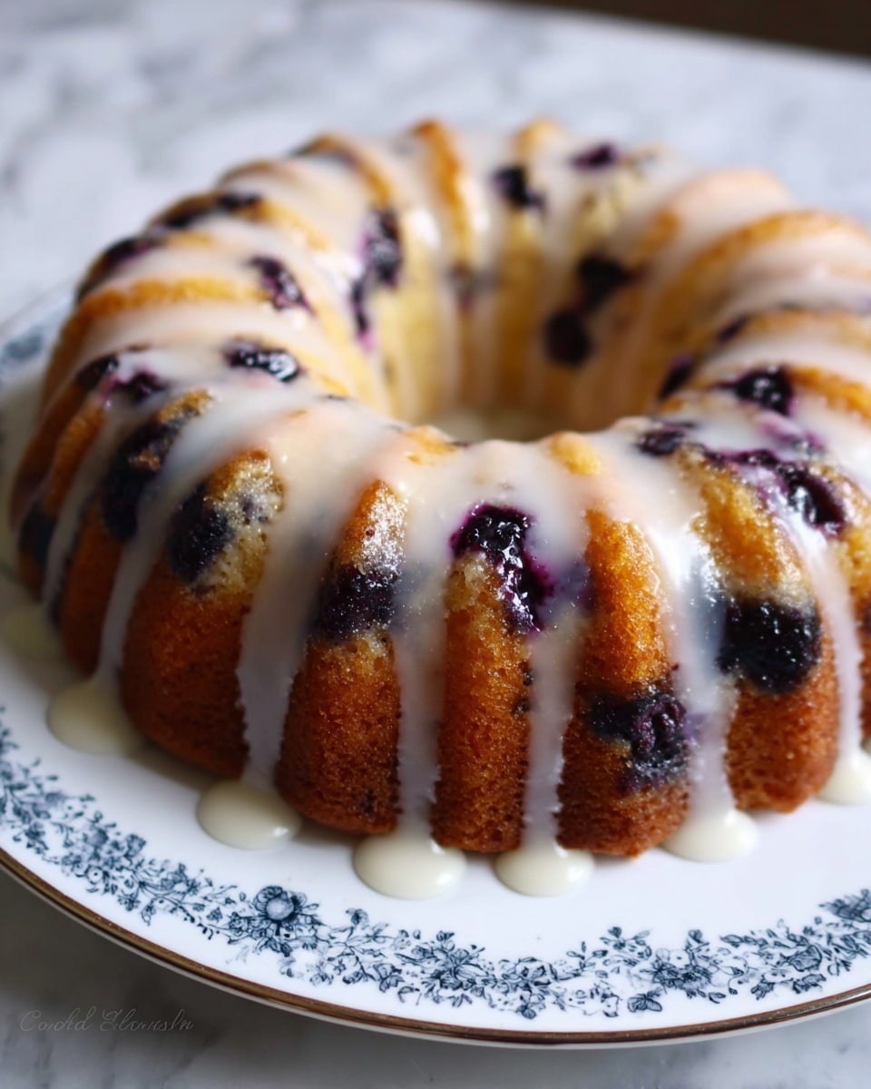 The image shows a bundt cake with visible blueberries baked inside, creating dark purple spots throughout its golden brown surface. The cake has ridged edges and is drizzled with a shiny white glaze that drips down the sides. The cake sits on a white plate with a delicate blue floral pattern around the rim, placed on a white marbled surface. Photo taken with an iphone --ar 4:5 --v 7