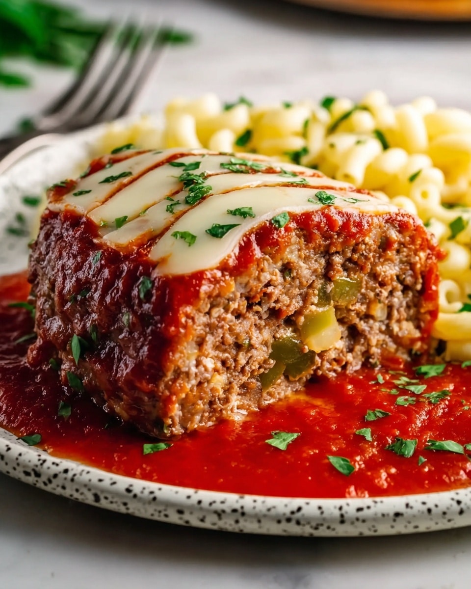 The image shows a close-up of a meatloaf slice covered with a bright red tomato sauce that pools around the base on a white plate with black speckles. The meatloaf has visible green pepper chunks inside and is topped with melted white cheese layered in thin, smooth slices. The texture of the meatloaf is dense and finely ground, and it is garnished with small pieces of fresh green herbs sprinkled on top and around the plate. On the right side of the plate, there is a portion of pale yellow macaroni pasta, lightly seasoned and garnished with small green herbs. The setting uses a white marbled surface in the background, and part of a metallic fork is seen on the left side. photo taken with an iphone --ar 4:5 --v 7