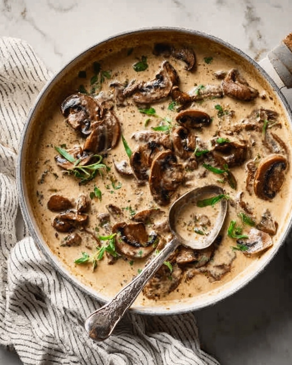 The image shows a white pan filled with creamy mushroom sauce. There are several layers of thinly sliced brown mushrooms scattered evenly in the light beige sauce, with some green herbs sprinkled on top for color. A spoon rests inside the pan, and next to it is a white cloth with thin gray stripes, all placed on a white marbled surface. Photo taken with an iphone --ar 4:5 --v 7