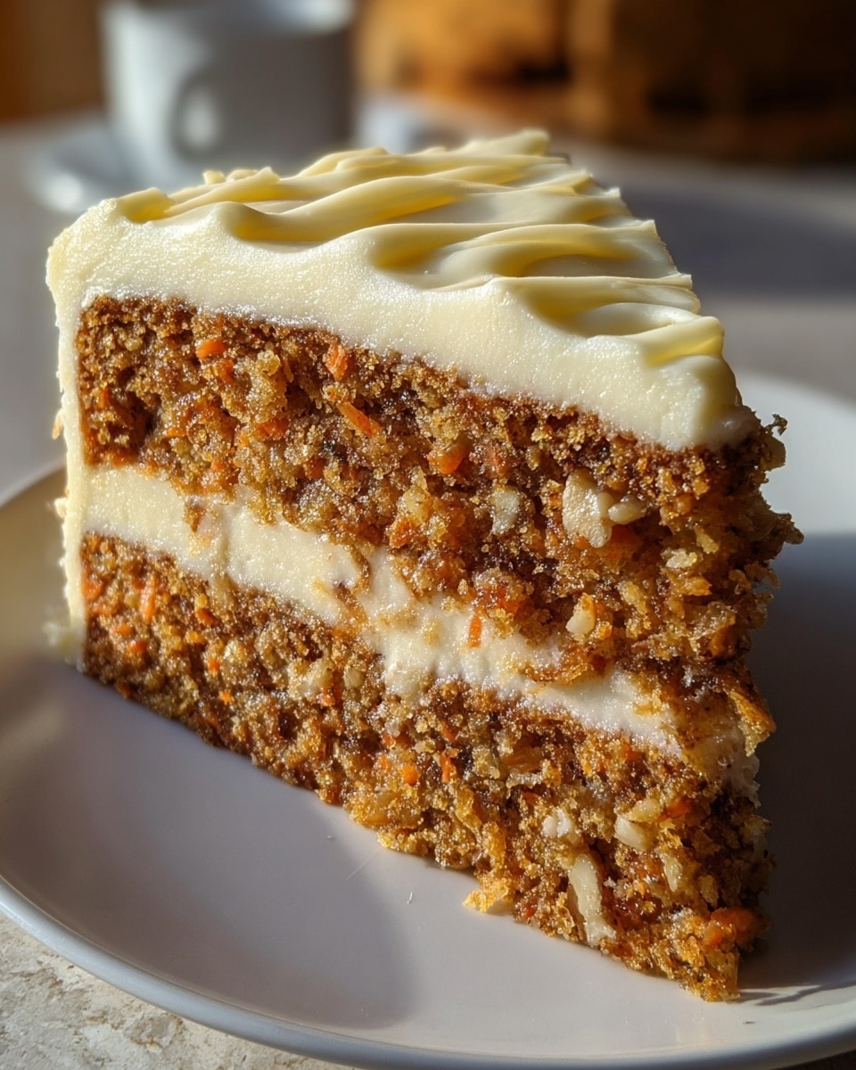 A close-up of a slice of two-layer carrot cake on a white plate, the cake layers are medium brown with visible small pieces of carrots and nuts creating a rough texture, between and on top of these layers is thick, creamy off-white frosting spread smoothly with soft swirls on top, the background is softly blurred with warm lighting giving the cake a rich and moist look, the setting is on a white marbled texture surface photo taken with an iphone --ar 4:5 --v 7