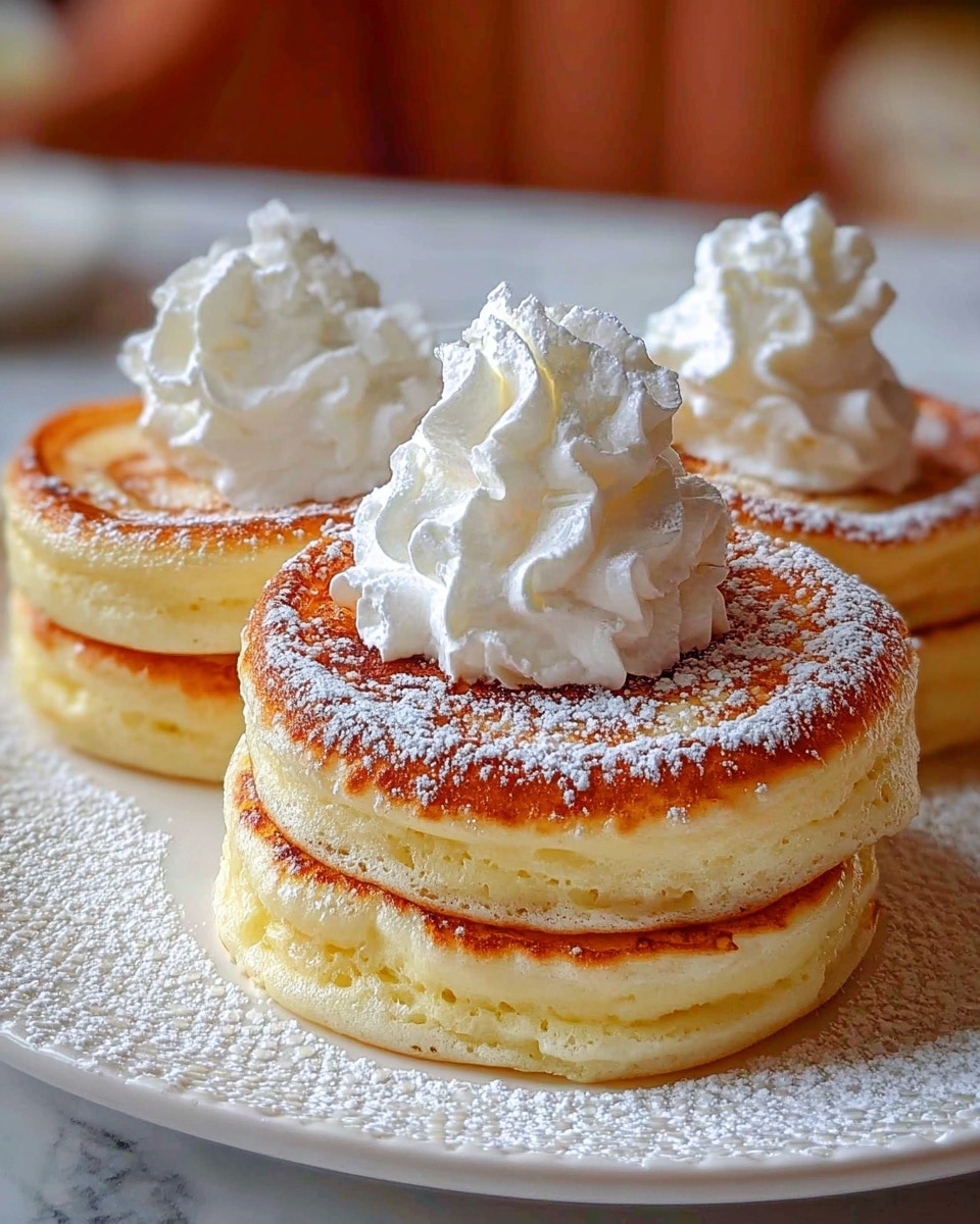 Three thick, round pancakes are stacked individually on a white plate with a textured rim, each pancake showing a golden-brown top with slight caramelization and lighter yellow sides that look soft and fluffy. On each pancake, there is a dollop of white whipped cream with a soft, airy texture, sitting on the center. A light dusting of white powdered sugar covers the tops of the pancakes, adding a touch of fine, snowy texture. The plate rests on a white marbled surface, and the background is softly blurred with warm tones. photo taken with an iphone --ar 4:5 --v 7