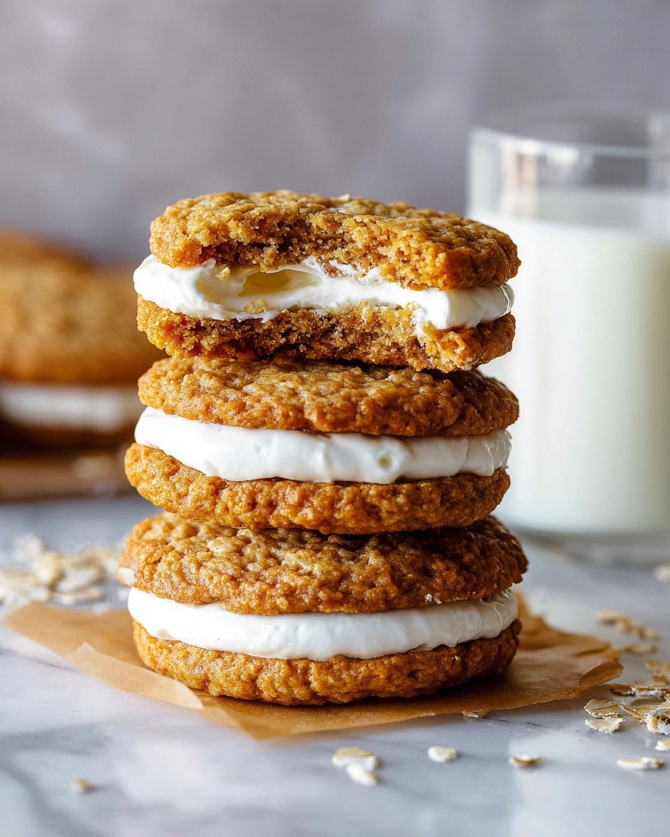 A stack of three oatmeal cream pies sits on a crumpled piece of white parchment paper on a wooden surface, each sandwich cookie with two textured, golden-brown oatmeal cookies holding a thick layer of smooth white cream filling in the middle. In the background, there is a clear glass filled with milk and another oatmeal cream pie on a white plate. The whole scene is set against a white marbled texture. photo taken with an iphone --ar 4:5 --v 7